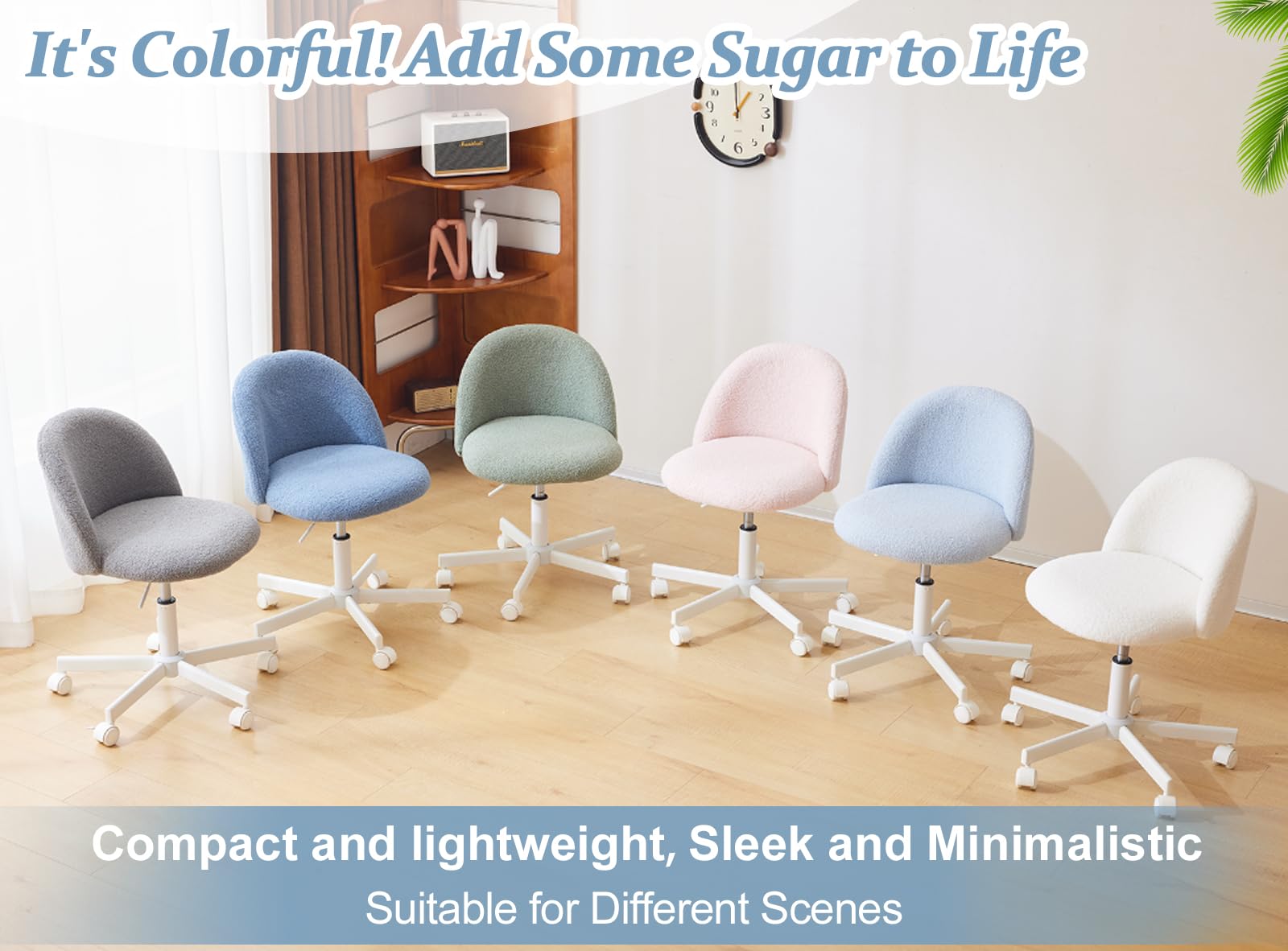 VINGLI Armless Cute Desk Chair with Wheels - Comfortable Small Office Chair, Adjustable Swivel Vanity Chair with Lumbar Support, Rolling Computer Task Chair for Home Office & Bedroom (Fog Blue) - Perfect for Gaming, Studying, and Workspace Ergonomics