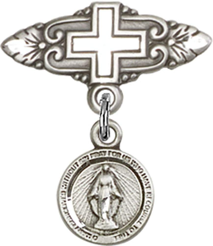 Sterling Silver Baby Badge with Miraculous Charm & Cross Pin - Handmade in USA | Perfect for Christening, Baptism & First Communion Gifts