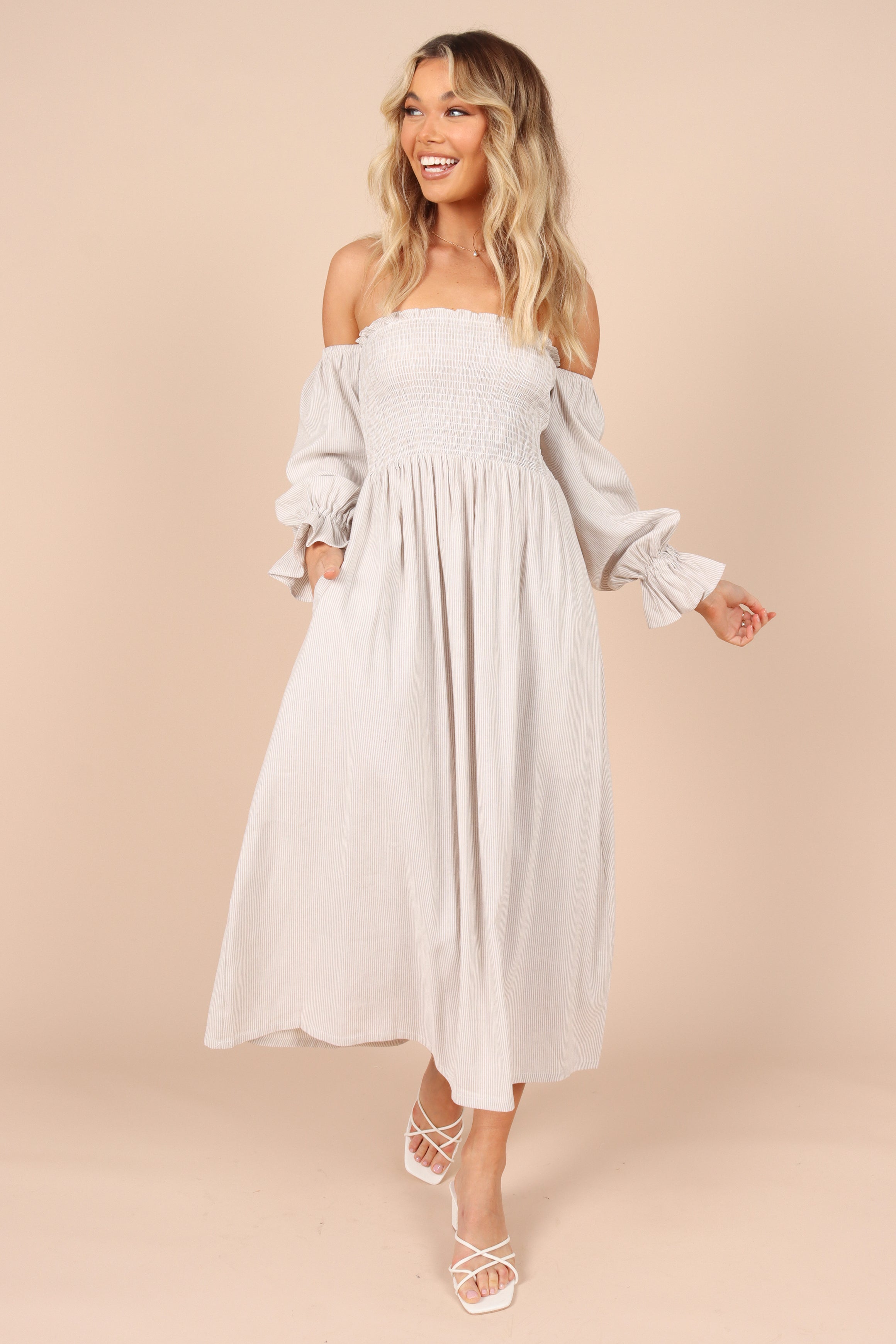 Stylish Domenica Shirred Long Sleeve Midi Dress in Beige Stripe - Perfect for Casual Outings, Office Wear & Special Occasions