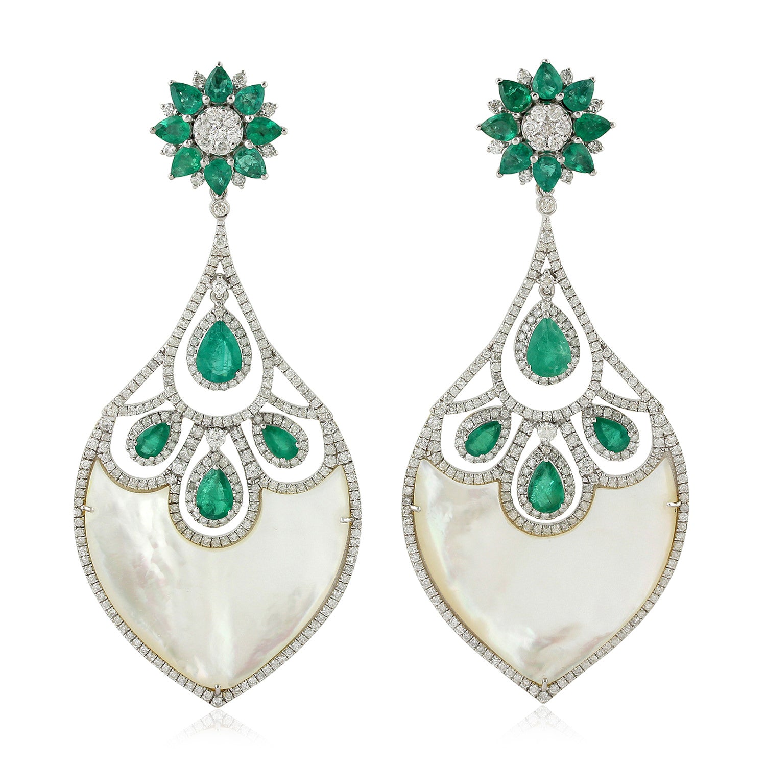 18K White Gold Pear Cut MOP and Emerald Pave Diamond Dangle Earrings - Elegant Wedding Jewelry for Brides, Anniversary Gifts & Special Occasions
