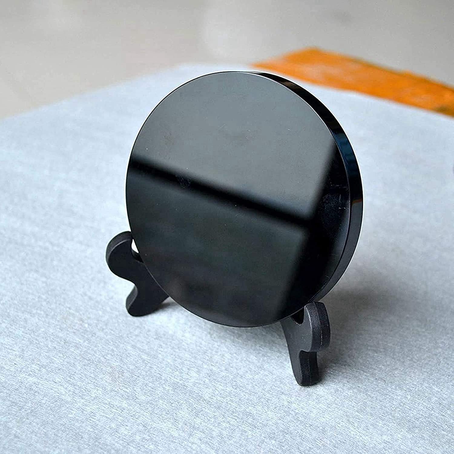 Black Obsidian Scrying Mirror - 10cm Feng Shui Circle Disc with Stand for Divination, Home Decor & Desk Accessories | Perfect for Meditation, Energy Cleansing & Spiritual Practices
