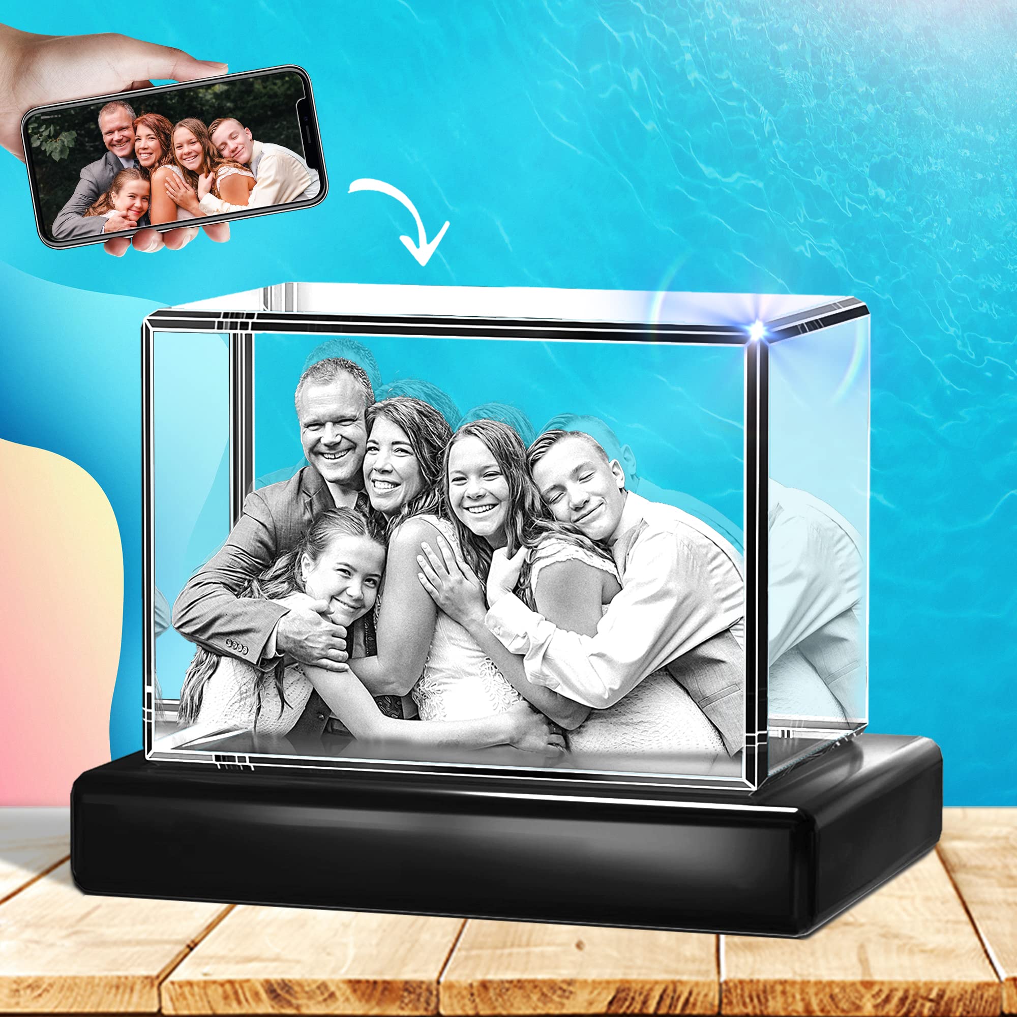 Eternalart Personalized 3D Crystal Photo with LED Light - Custom Engraved Glass Picture Gift for Mom, Grandma, Daughter, Son, Couples - Perfect for Anniversary, Birthday, Wedding, Valentine's Day - Home Decor, Office Display, Memorial Keepsake
