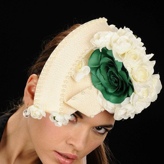 Elegant Cream Straw Fascinator with Green & Cream Pearl Flowers - Perfect for Weddings, Tea Parties & Special Occasions