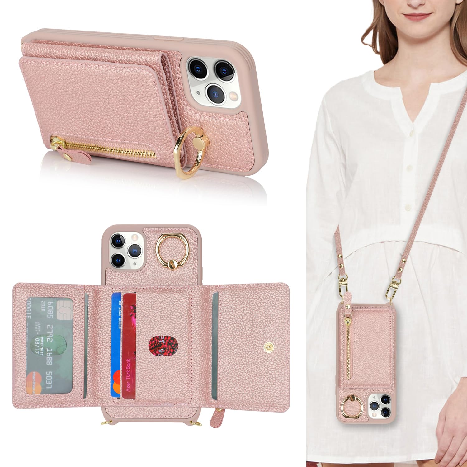 Premium Leather iPhone 11 Pro Max Case with Card Holder & Crossbody Strap - Wallet Phone Case with Zipper Pocket, Stand Ring & Lanyard (Rose Gold) - Perfect for Women's Daily Use, Travel & Hands-Free Convenience
