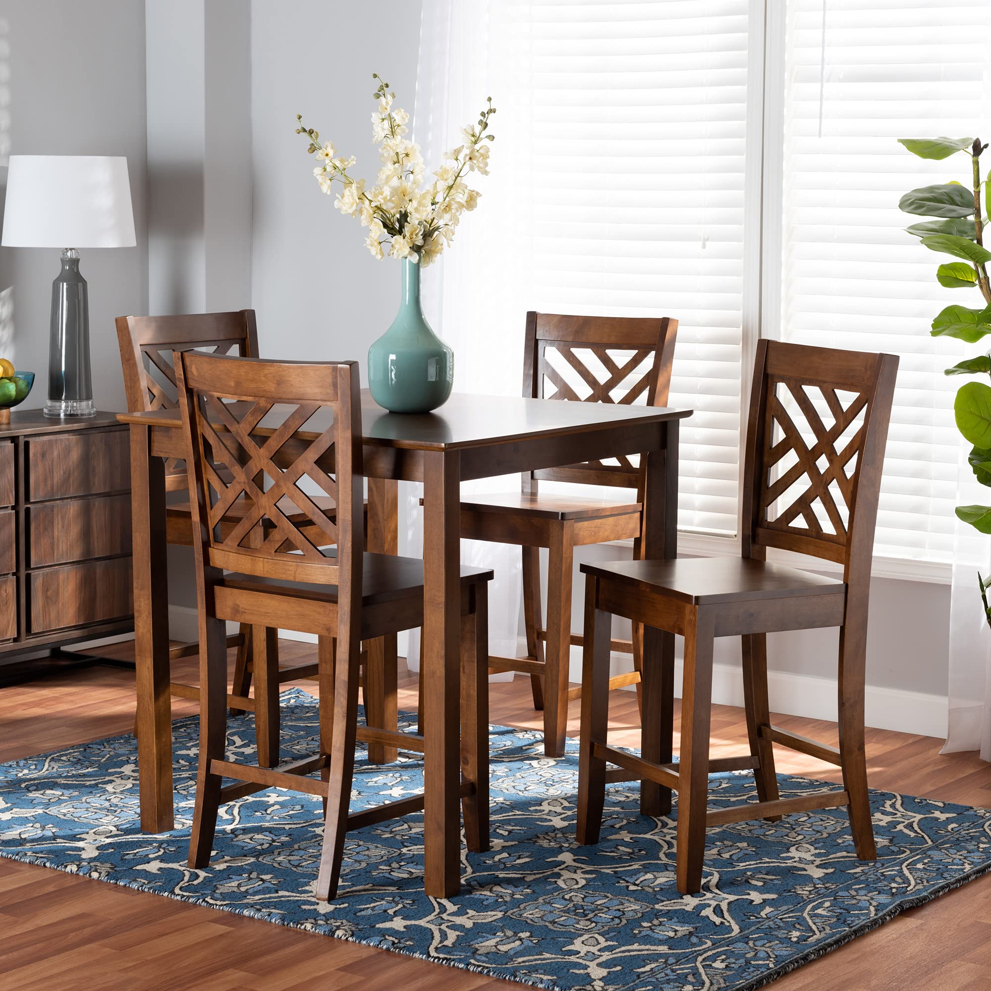 Baxton Studio Caron 5-Piece Pub Table Set - Walnut Brown Finished Wood Bar Height Dining Set for Kitchen, Patio & Outdoor Entertaining