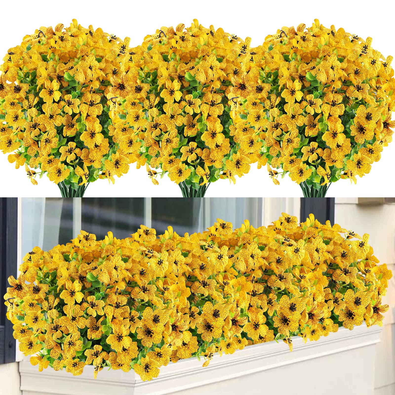 GREENRAIN 9 Bundles UV Resistant Artificial Flowers - Fake Outdoor Plants for Garden, Window Box & Porch Decor - Faux Plastic Flowers Home Decoration (Yellow) - Perfect for Patio, Wedding & Indoor Decor