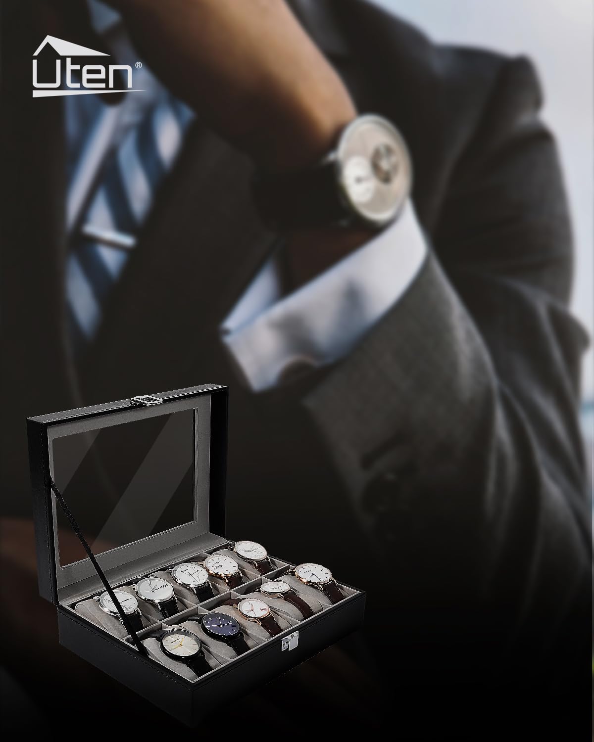 10-Slot Uten Watch Box for Men - PU Leather Watch Display Case with Removable Cushion & Metal Clasp - Luxury Watch Storage Organizer for Travel, Home, and Gift Giving