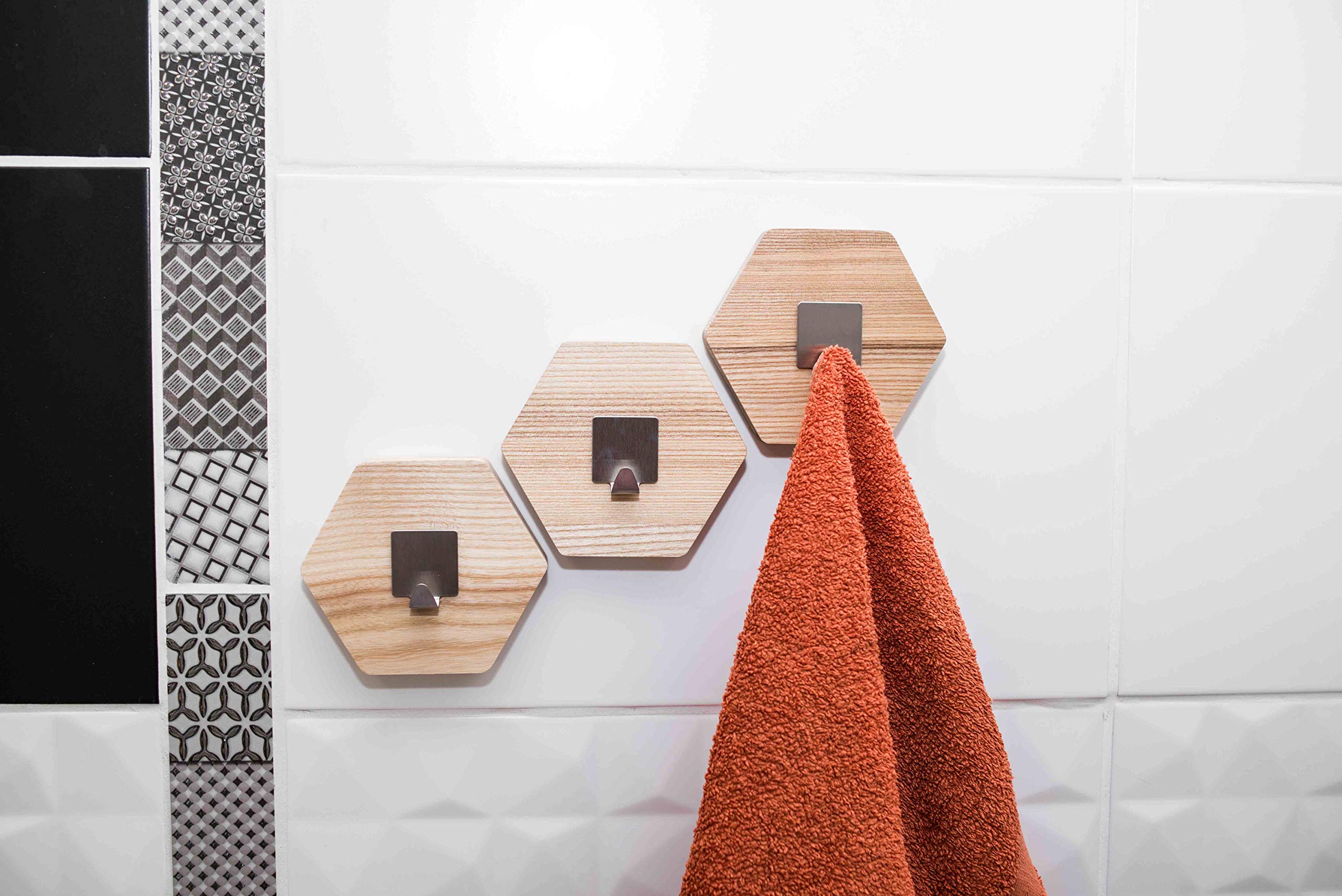 EWARTWOODS Wooden Wall Hooks - Bathroom Towel Rack & Coat Hanger (Set of 3, Dark Brown) for Modern Home Decor