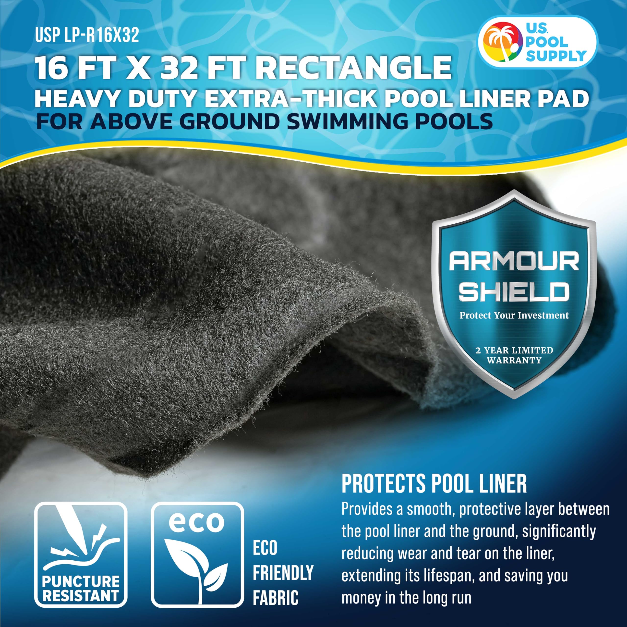 Armour Shield 16ft x 32ft Heavy Duty Rectangle Pool Liner Pad for Above Ground Swimming Pools | Durable Protection Against Punctures | Eco-Friendly Fabric to Extend Liner Life | Perfect for Backyard, Family Pool Parties & Summer Outdoor Activities