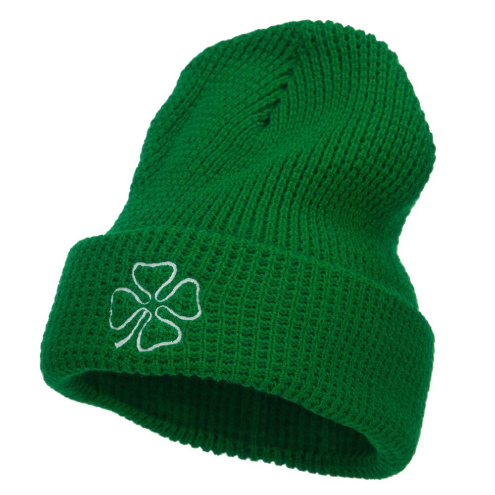 Lucky Leaf Clover Embroidered Waffle Cuff Beanie for Men & Women - Soft Stretchy Winter Hat for Big Heads - Cozy Knit Cap for Outdoor Activities, Skiing, and Casual Wear