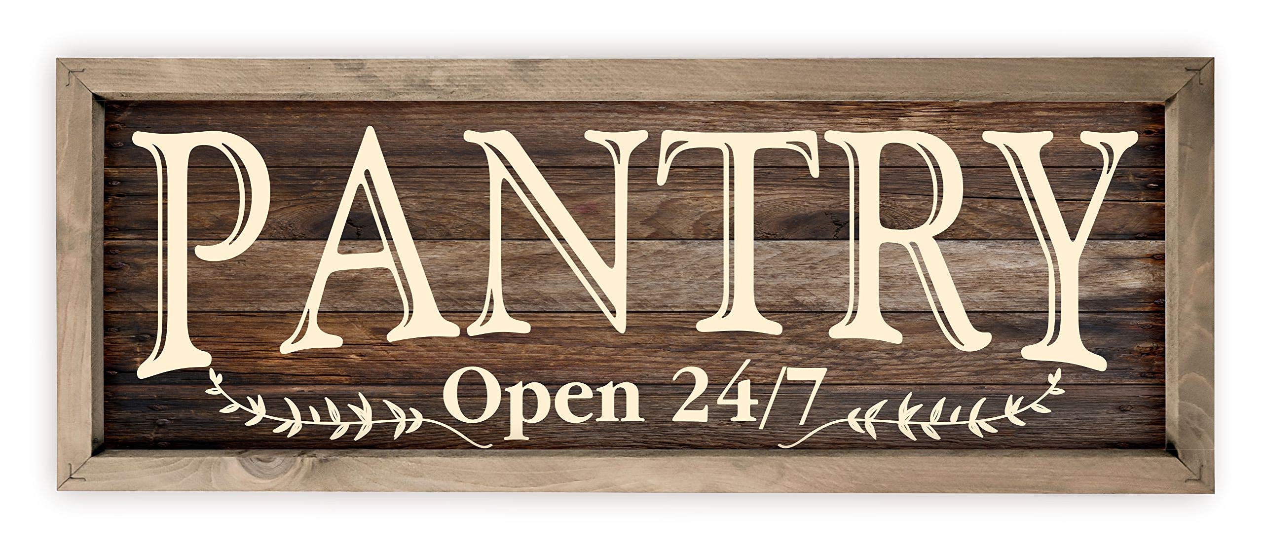 Rustic Brown Wood Pantry Open 24/7 Framed Wall Decor Sign - 8x24 Inches - Farmhouse Kitchen Decor for Home, Cafe & Restaurant