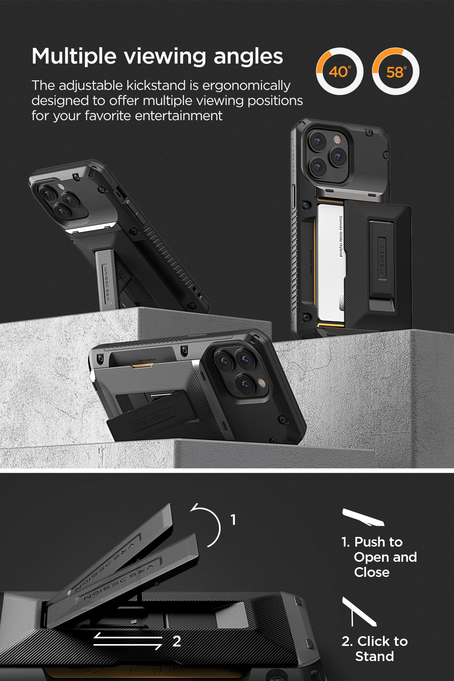 VRS DESIGN Damda Glide Hybrid Protective Phone Case for iPhone 14 Pro Max (2022) - Slim Card Slot Holder with Kickstand, Shockproof & Durable Cover - Perfect for Work, Travel and Everyday Use (Groove Black)
