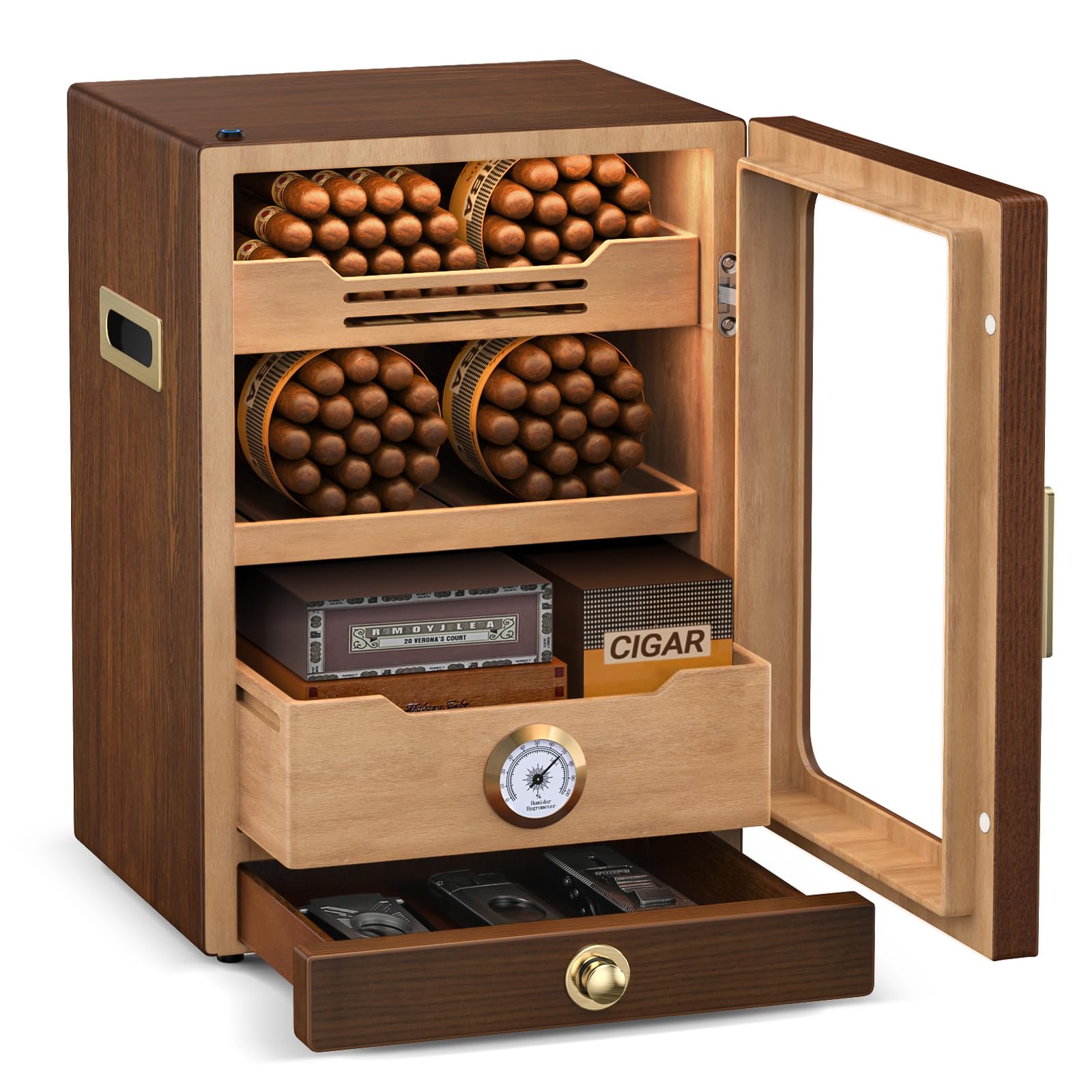 Premium Spanish Cedar Cigar Humidor Cabinet with LED Light & Hygrometer - 100-150 Cigar Capacity, Magnetic Door, 3+1 Large Drawers & 3 Humidifiers - Perfect for Home, Office, or as Luxury Gifts for Men (Whiskey & Cigar Enthusiasts)
