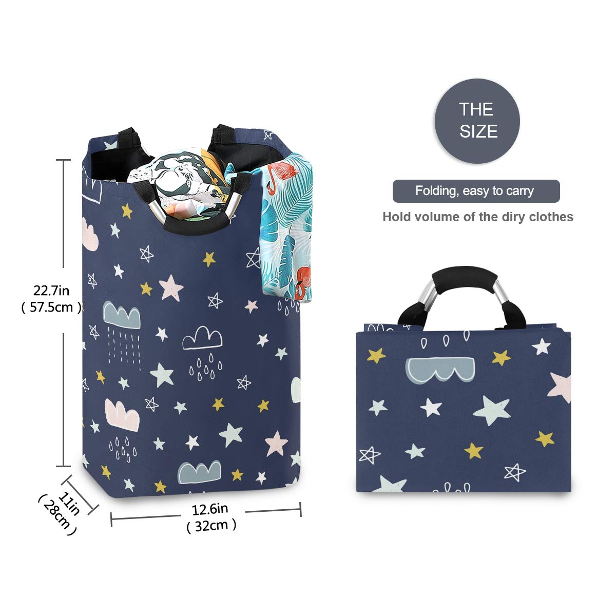 Vikko Foldable Kids Laundry Basket - Cute Star Cloud Moon Design, Blue Clothes Hamper Organizer for Toys, Books & Bedroom Storage | Perfect for Nursery, Playroom & Dorm Organization