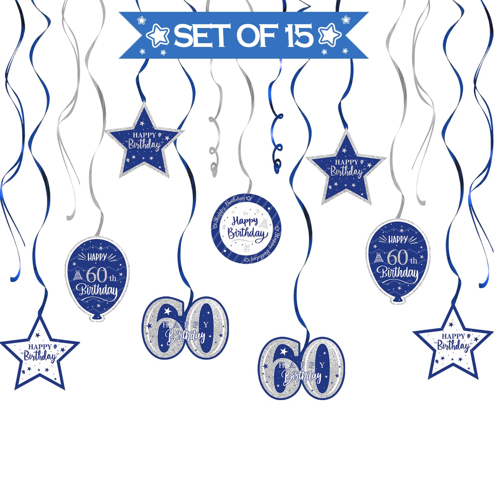 60th Birthday Party Decorations - Blue & Silver Glitter Swirl Streamers (15 Pcs) with 'Cheers to Sixty Years' Sign - Perfect for Milestone Celebrations, Anniversaries & Retirement Parties