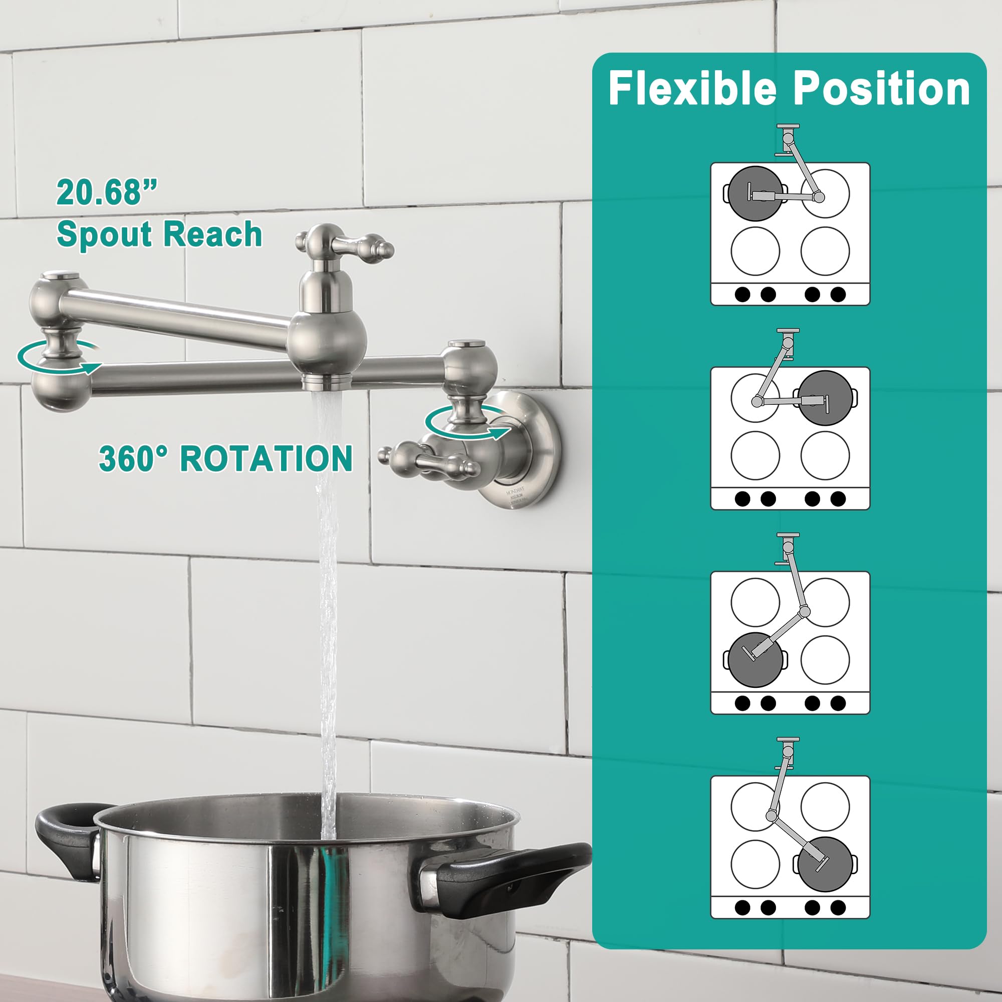 MONDAWE Brushed Nickel Wall Mount Pot Filler Faucet - Double Handle Brass Folding Pasta Faucet with 360° Rotation & 1.8 GPM Flow - Perfect for Kitchen Stove, Cooking Pasta, Filling Large Pots & Soup Making