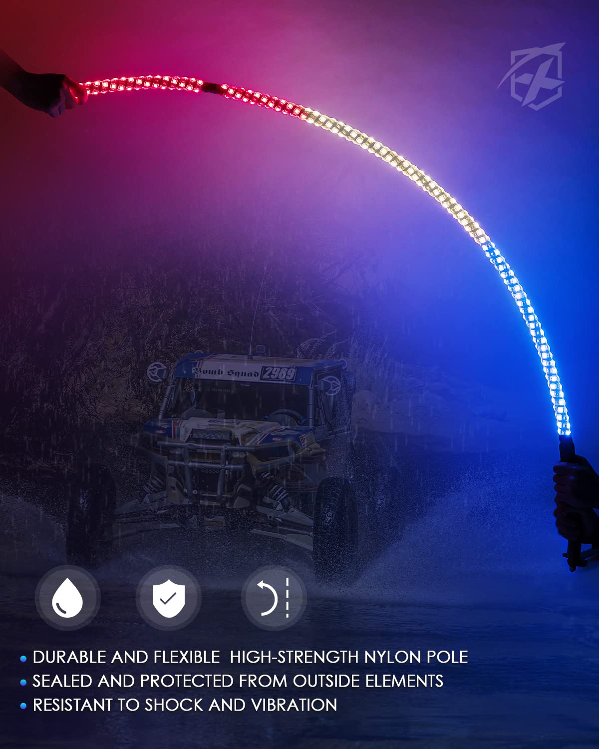 Xprite 5FT Spiral Whip Lights 2PCS - Red White Blue LED Whips with Rocker Switch, Flexible Antenna for Offroad Vehicles, UTV, ATV, 4X4 Trucks, Polaris RZR, Can-Am Maverick - Perfect for Night Rides, Dune Bashing & Trail Adventures