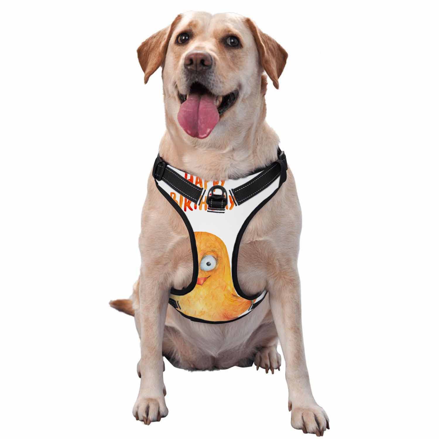 Zaueky Adjustable Reflective Dog Harness for Large Breeds - Cartoon Yellow Chick Smile Design, Comfortable Pet Apparel Size L (No Leash Included) - Perfect for Birthday Parties, Daily Walks & Nighttime Safety