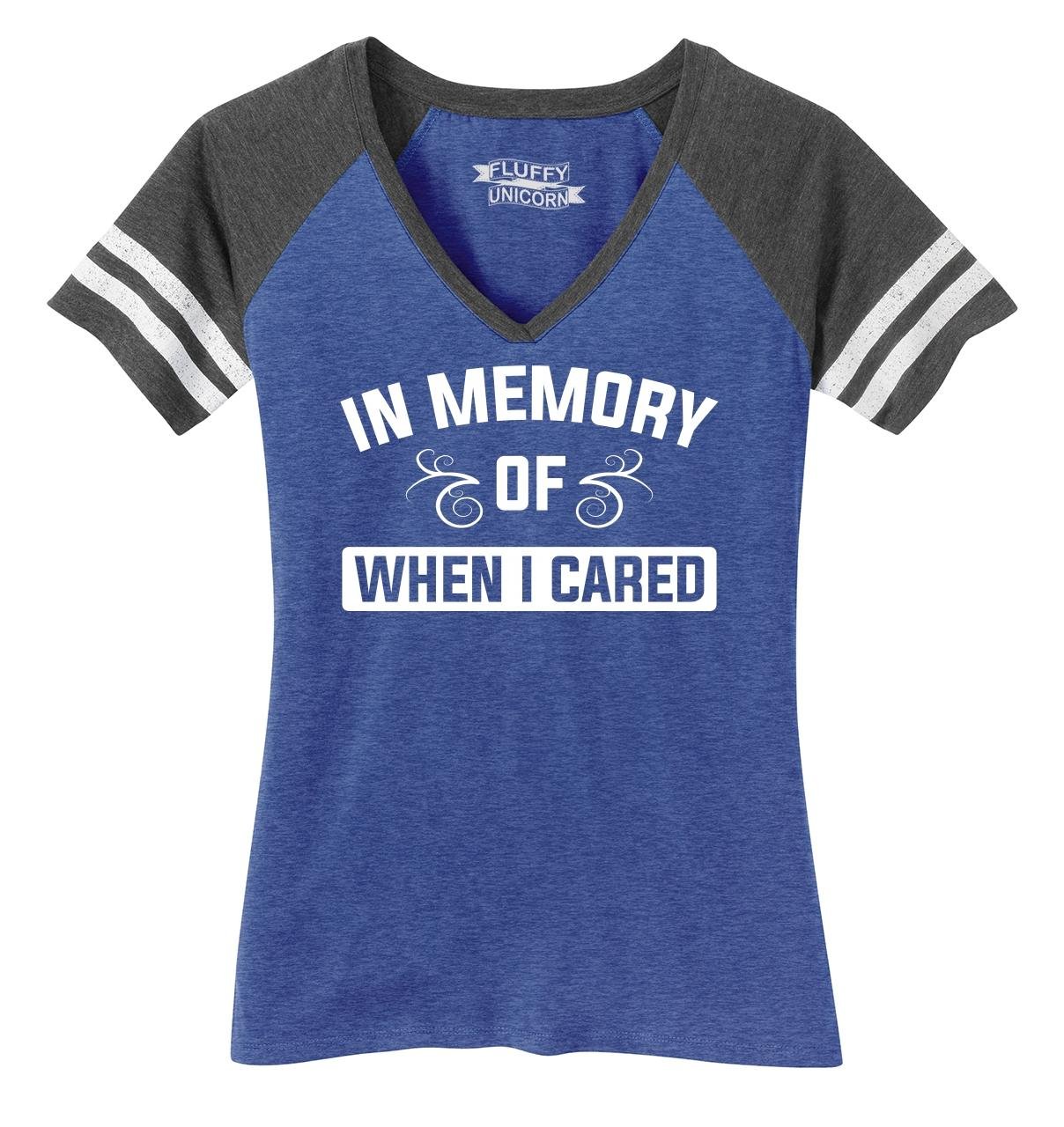 Funny Women's V-Neck T-Shirt - 'In Memory of When I Cared' Humorous Graphic Tee for Casual Wear & Gifts