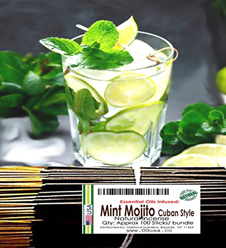 Premium Cuban Style Mint Mojito Essential Oil Infused Incense Sticks - Cool & Refreshing Aroma, Hand-Dipped in Oakland Gardens - 8-Pack for Relaxation, Meditation & Home Fragrance