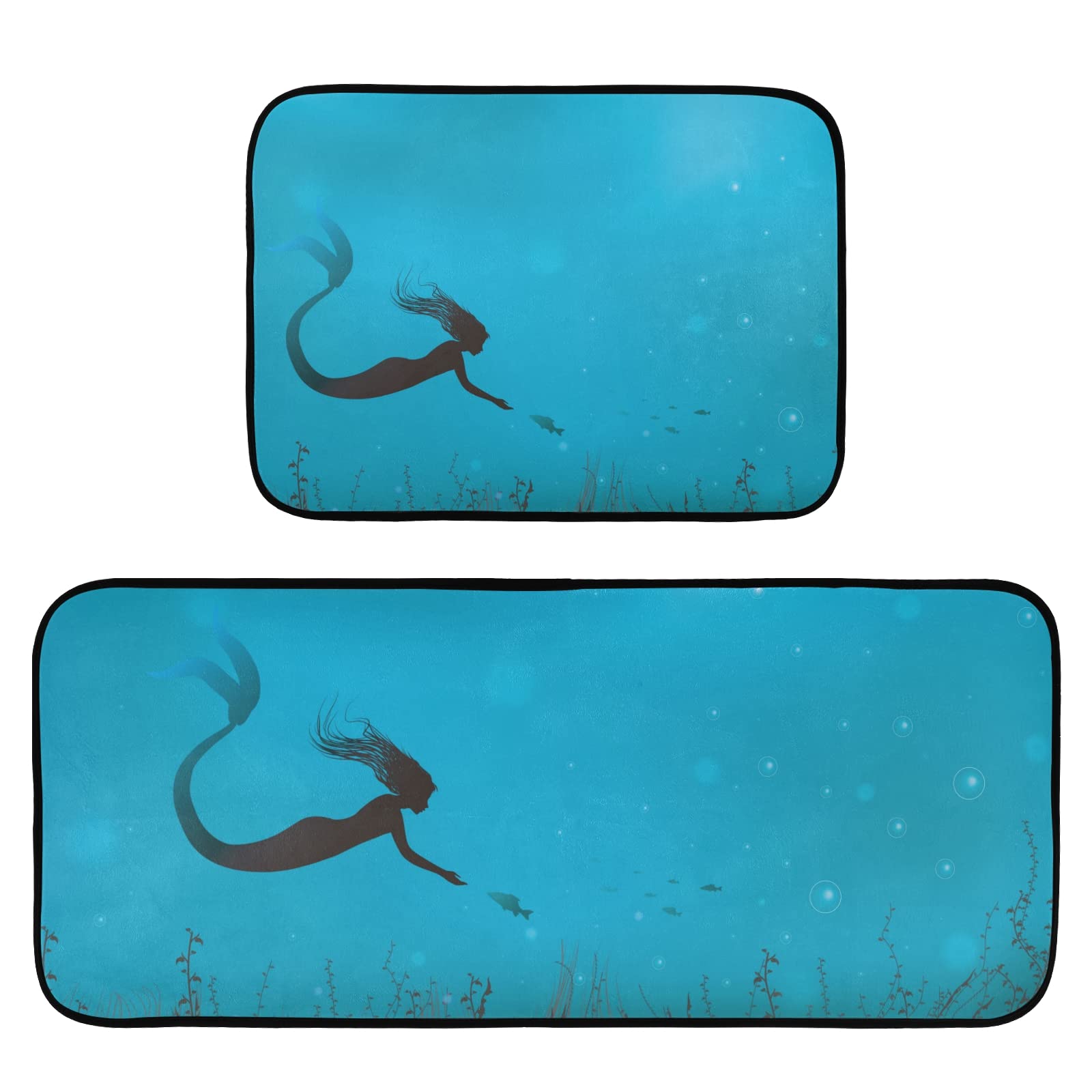 Dalzium Anti-Fatigue Kitchen Mats Set of 2 - Ultra Absorbent, Non-Slip Cushioned Floor Mats with Mermaid Design, Washable Standing Comfort for Long Hours (Blue) - Perfect for Kitchen, Laundry Room, or Bathroom Use