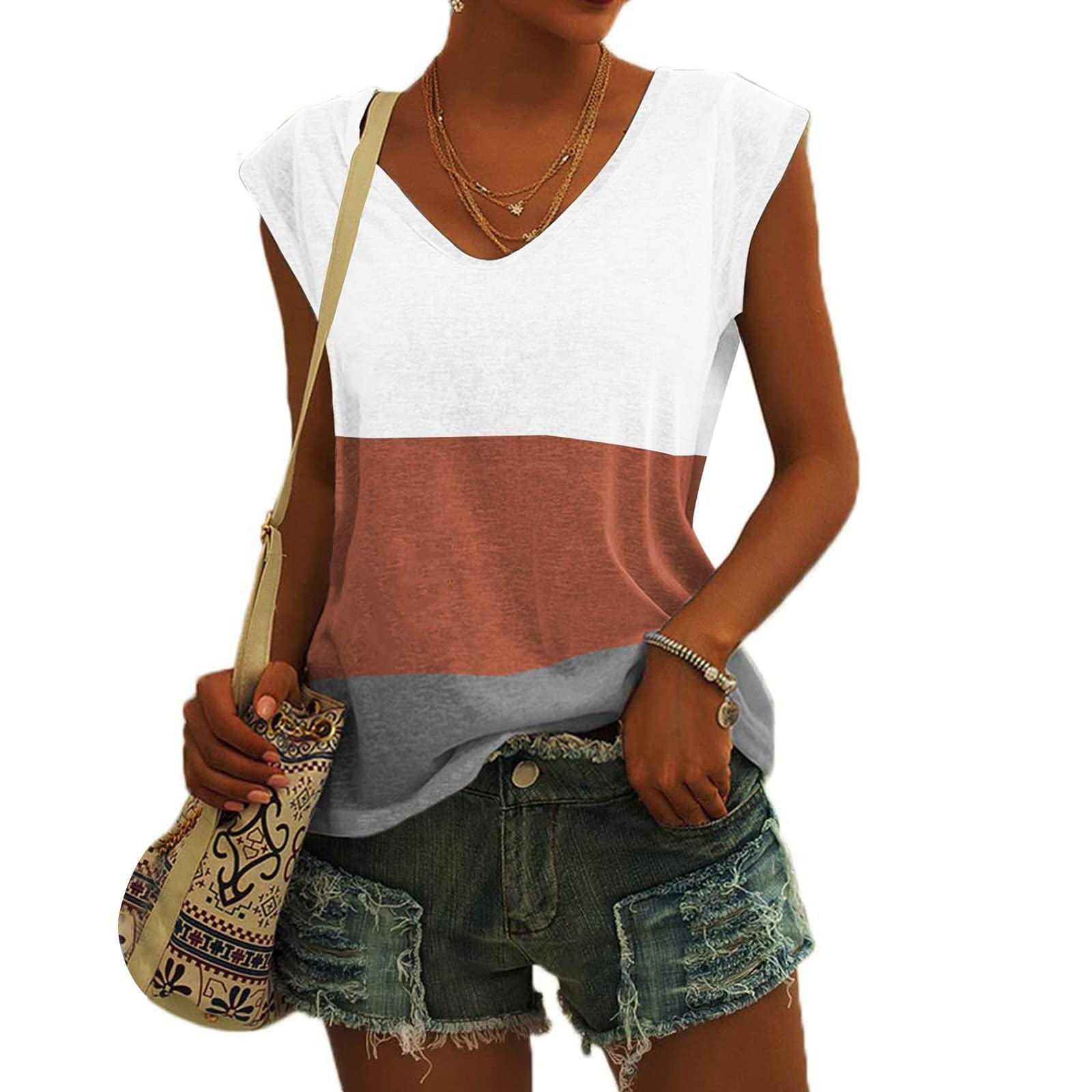 BISXOTY Women's Trendy Cap Sleeve Tank Tops - Solid & Contrast Colors, Loose Fit V-Neck Sleeveless Blouse | Casual Summer Wear, Layering Essential, Office & Weekend Outfits