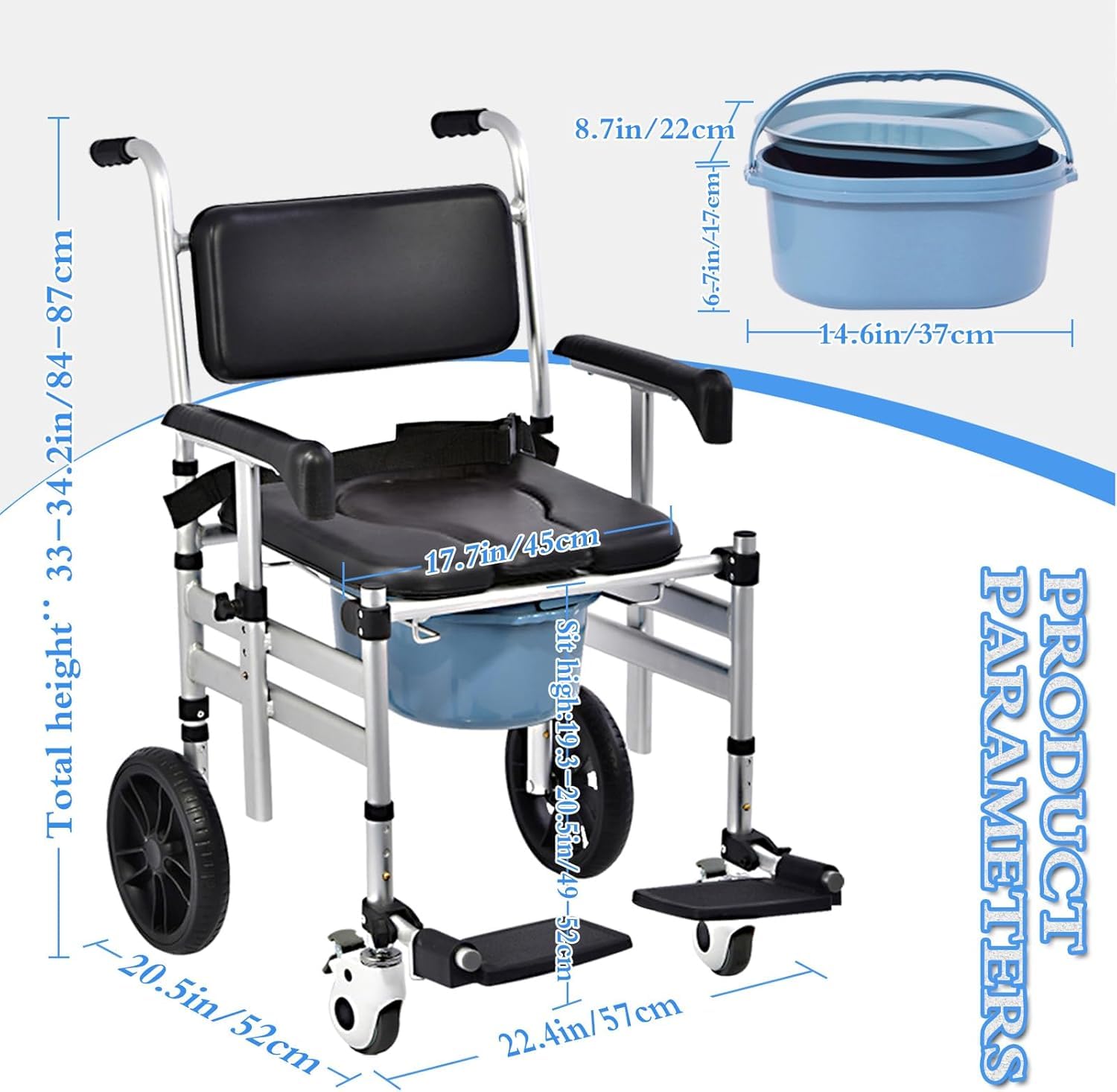 Adjustable Height 4-in-1 Folding Shower Chair with Wheels - Padded Commode Wheelchair with Detachable Bucket, Lifting Armrests & Flip-Up Footrest for Elderly & Disabled - Ideal for Bathroom Safety & Bedside Use (Black)