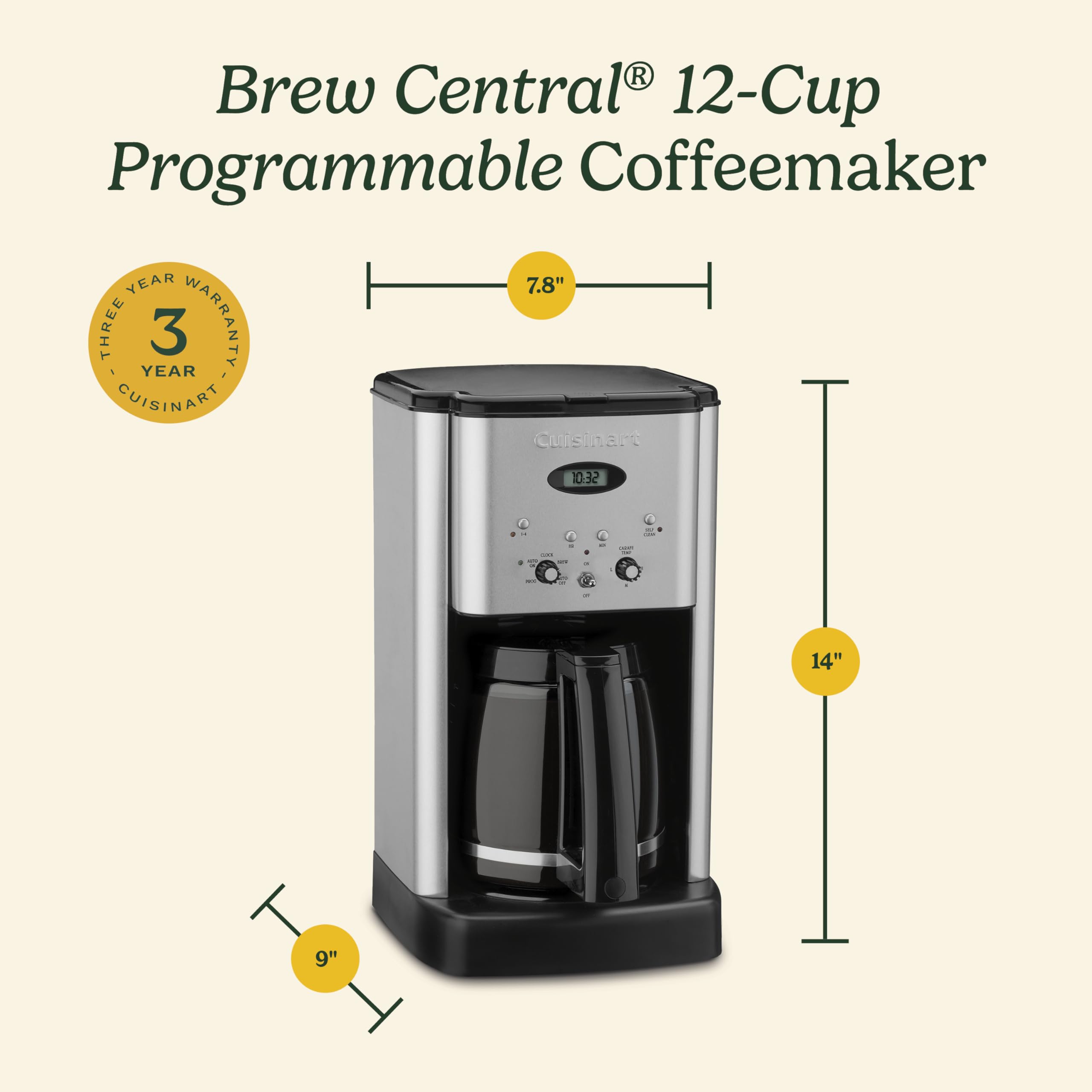 Cuisinart DCC-1200P1 12-Cup Programmable Coffee Maker with Glass Carafe - Brushed Chrome Finish - Perfect for Home, Office & Entertaining