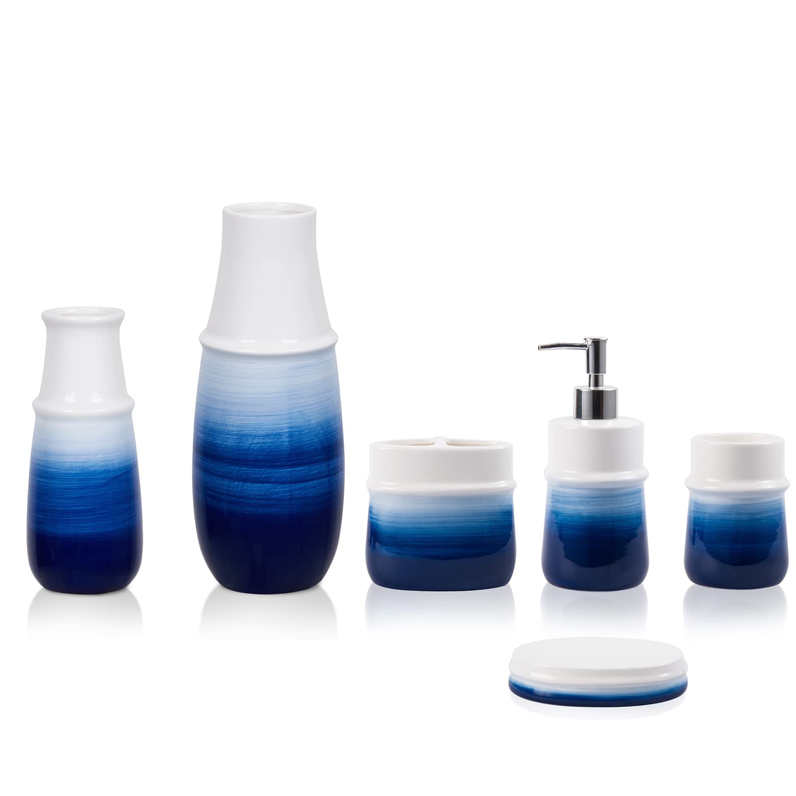 2-Piece Ceramic Vase Set & 4-Piece Bathroom Accessories - Rustic Farmhouse Decor for Bathroom, Living Room, Bedroom - Blue Home Décor for Modern & Traditional Interiors