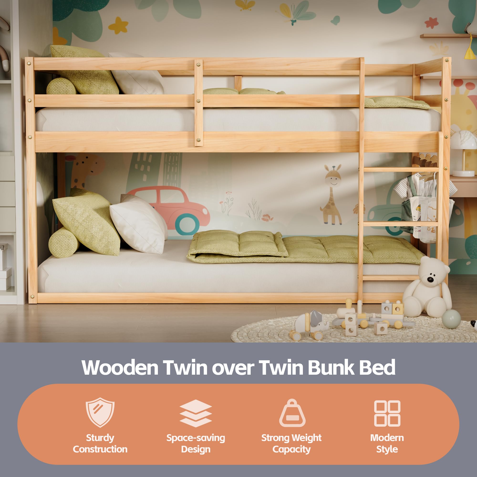 Low Twin Over Twin Bunk Bed with Ladder & Full Guardrails - Solid Wood Junior Bunk Bed for Boys, Girls & Kids - Space-Saving Bedroom Furniture for Small Rooms, Shared Kids' Rooms & Sleepovers (Natural Finish)