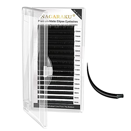 NAGARAKU Ellipse Eyelash Extensions - 0.20mm Flat Split Tips, C Curl 8-15mm Mix Length, Matte Black Faux Mink Lashes for Professional Salon & DIY Home Use | Classic Lash Supplies for Volume & Natural Looks