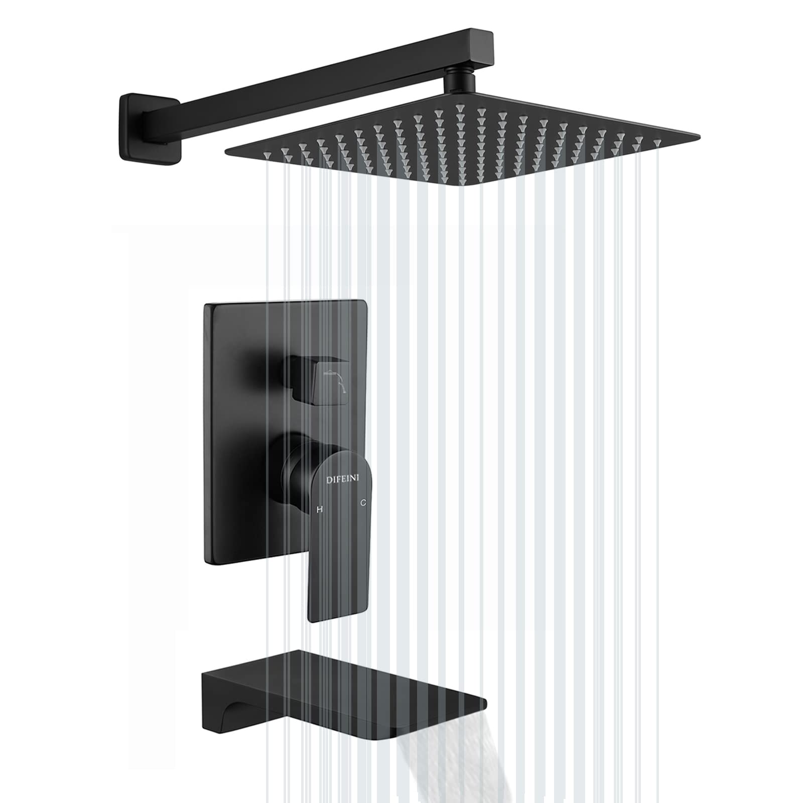 Premium Matte Black Shower Faucet Set with Waterfall Tub Spout - Complete Wall Mounted Shower System with Rough-in Valve for Bathroom Renovation | Perfect for Modern Home Spa Experience