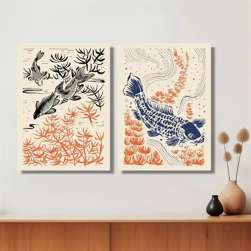 2-Piece Japanese Koi Fish & Floral Canvas Wall Art Set (50x75cm) - High-Quality Framed Print, 100% Australian Made, Ready to Hang - Perfect for Living Room, Bedroom & Office Decor