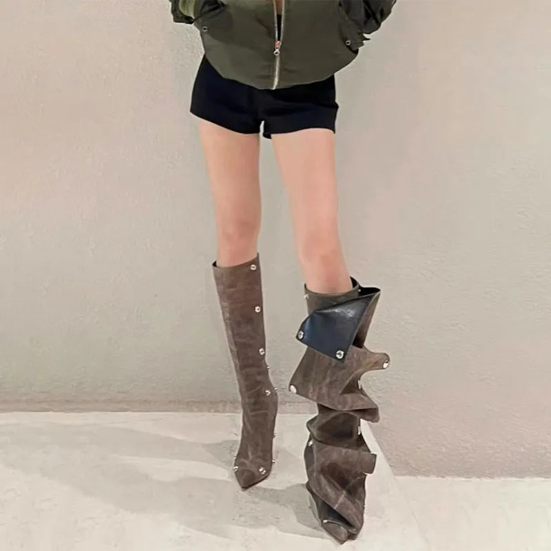 2023 Fashion Sexy Slim Fit High Heel Pleated Knee High Boots for Women - All Seasons Long Boots, Sexy Show Boots for Party, Night Out & Special Occasions