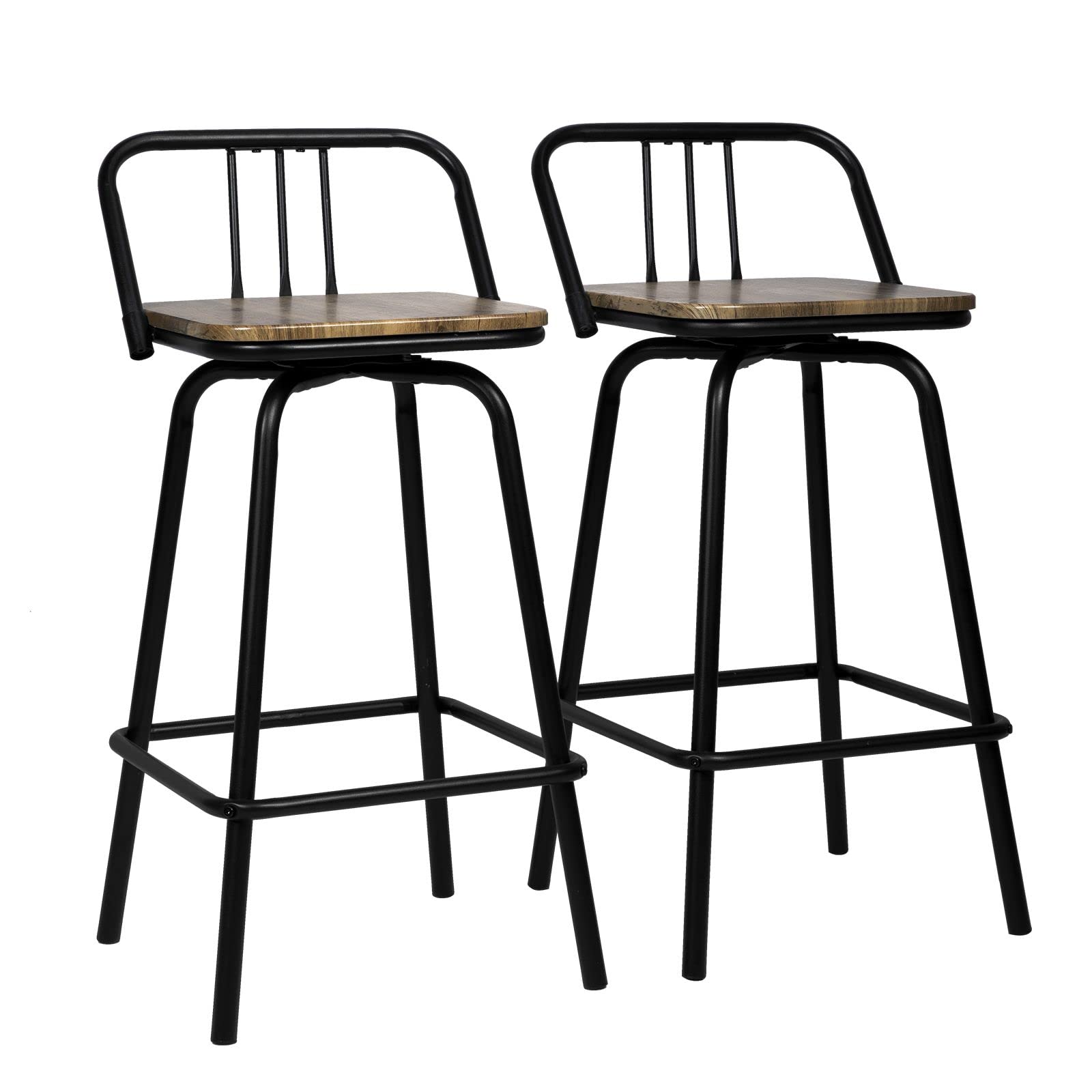 2 Pack Industrial Swivel Counter Stools with Wood Seat & Backrest - Rustic Brown Farmhouse Bar Stools for Kitchen, Dining Room & Counter Bar - Perfect for Breakfast Nooks, Kitchen Islands & Home Bars