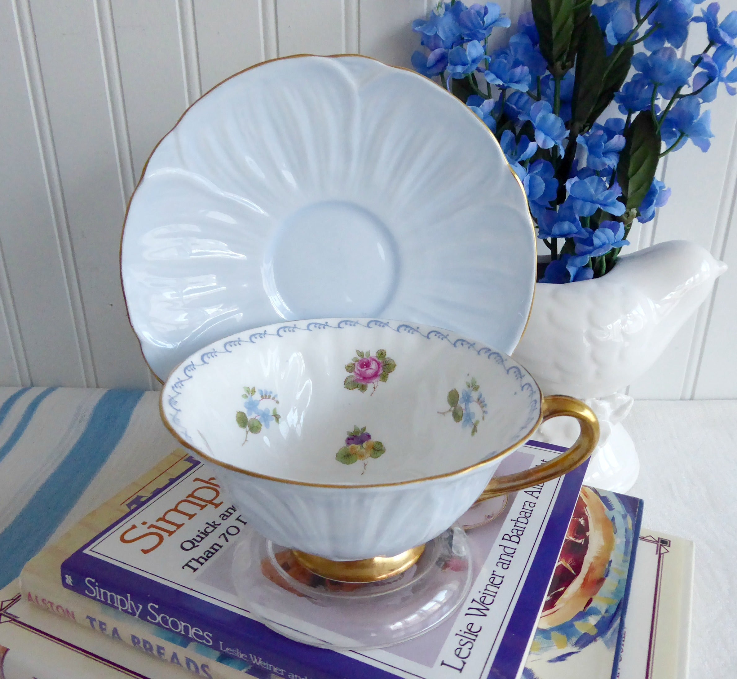 Shelley Antique Bone China Tea Cup and Saucer Set - Oleander Blue Rose Pansy Floral Design with Gold Trim - Perfect for Afternoon Tea, Vintage Tea Parties & Collectible Display
