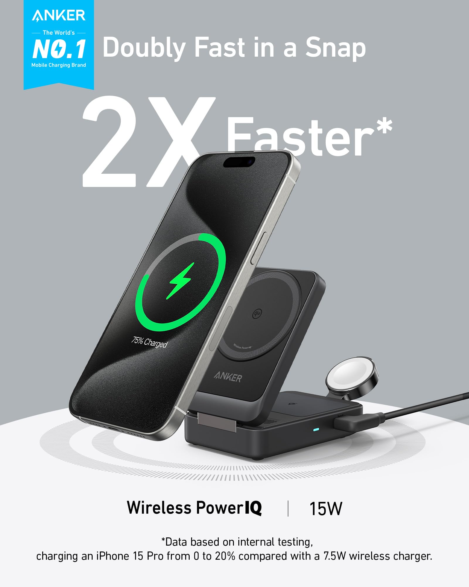 Anker MagGo 3-in-1 Foldable Wireless Charging Station with MagSafe - Qi2 Certified 15W Fast Charger for iPhone 16/15/14, AirPods & Apple Watch 9 | Includes 40W USB-C Power Adapter | Perfect for Home, Office & Travel Charging