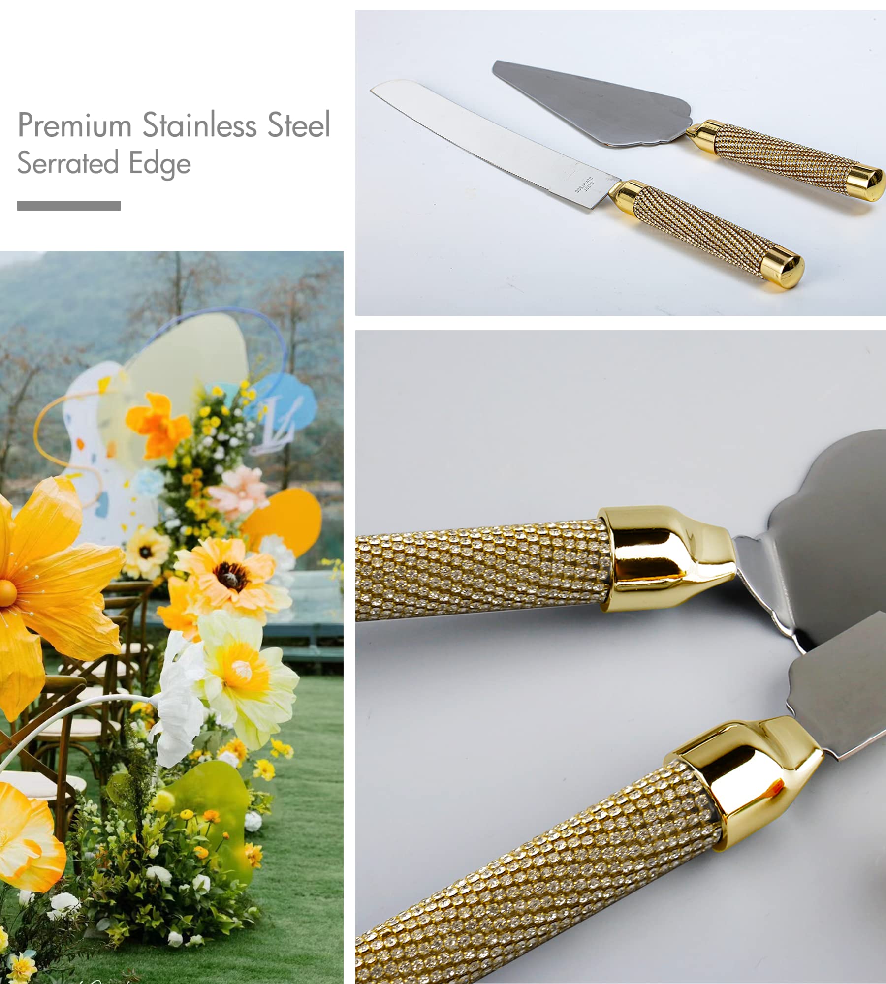 Elegant Wedding Cake Knife and Server Set with Mr & Mrs Champagne Flutes - Gold Cake Cutting Kit for Bride and Groom - Perfect for Wedding Ceremonies, Receptions, and Anniversary Celebrations