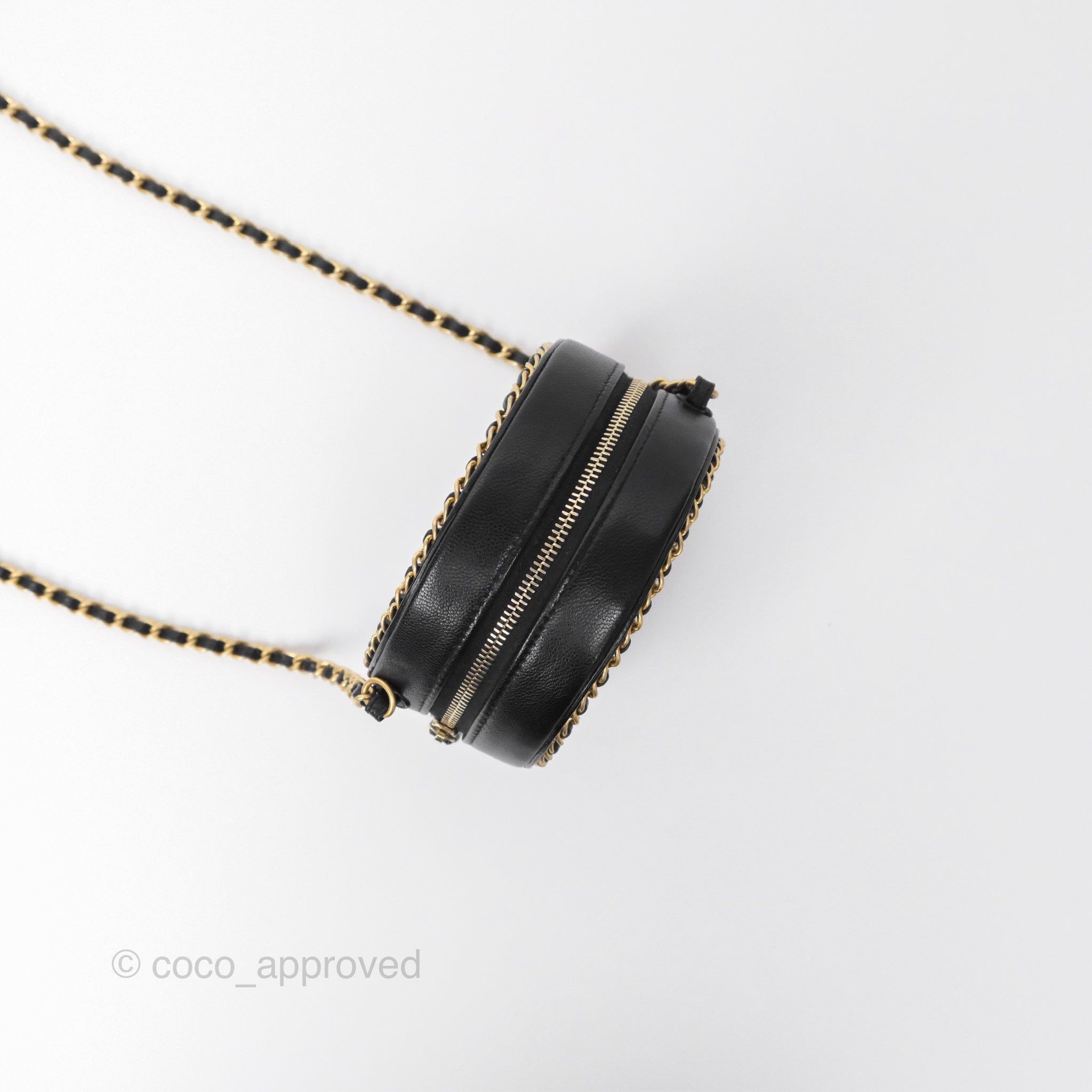 Chanel Black Lambskin Chained Round Filigree Clutch with Gold Hardware - Elegant Evening Bag for Parties, Weddings & Special Occasions