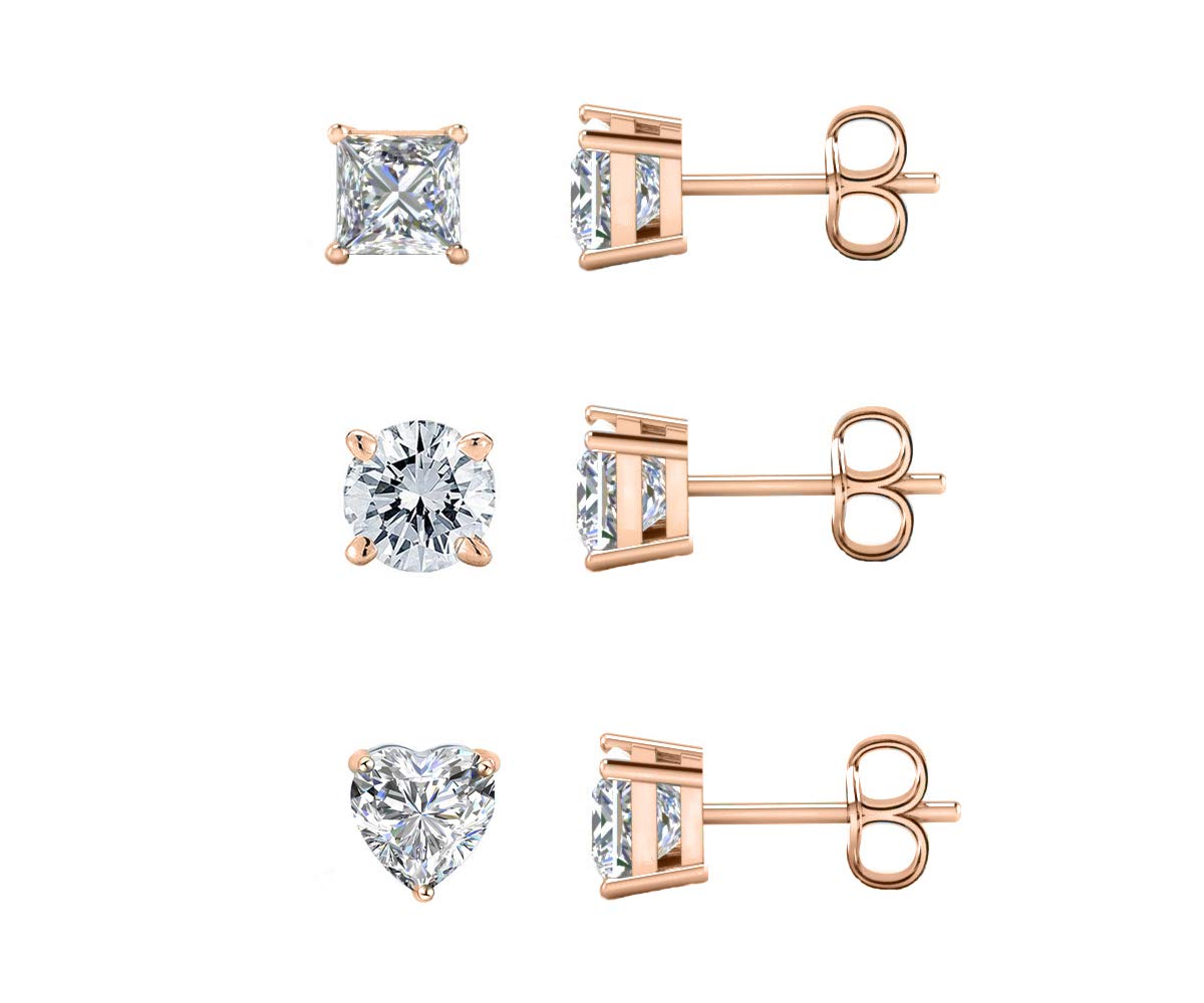 Savlano 14K Rose Gold Plated Cubic Zirconia Stud Earrings Set - 3 Pairs (Princess, Round & Heart Cut) for Women & Men | Gift for Anniversary, Valentine's Day & Everyday Wear