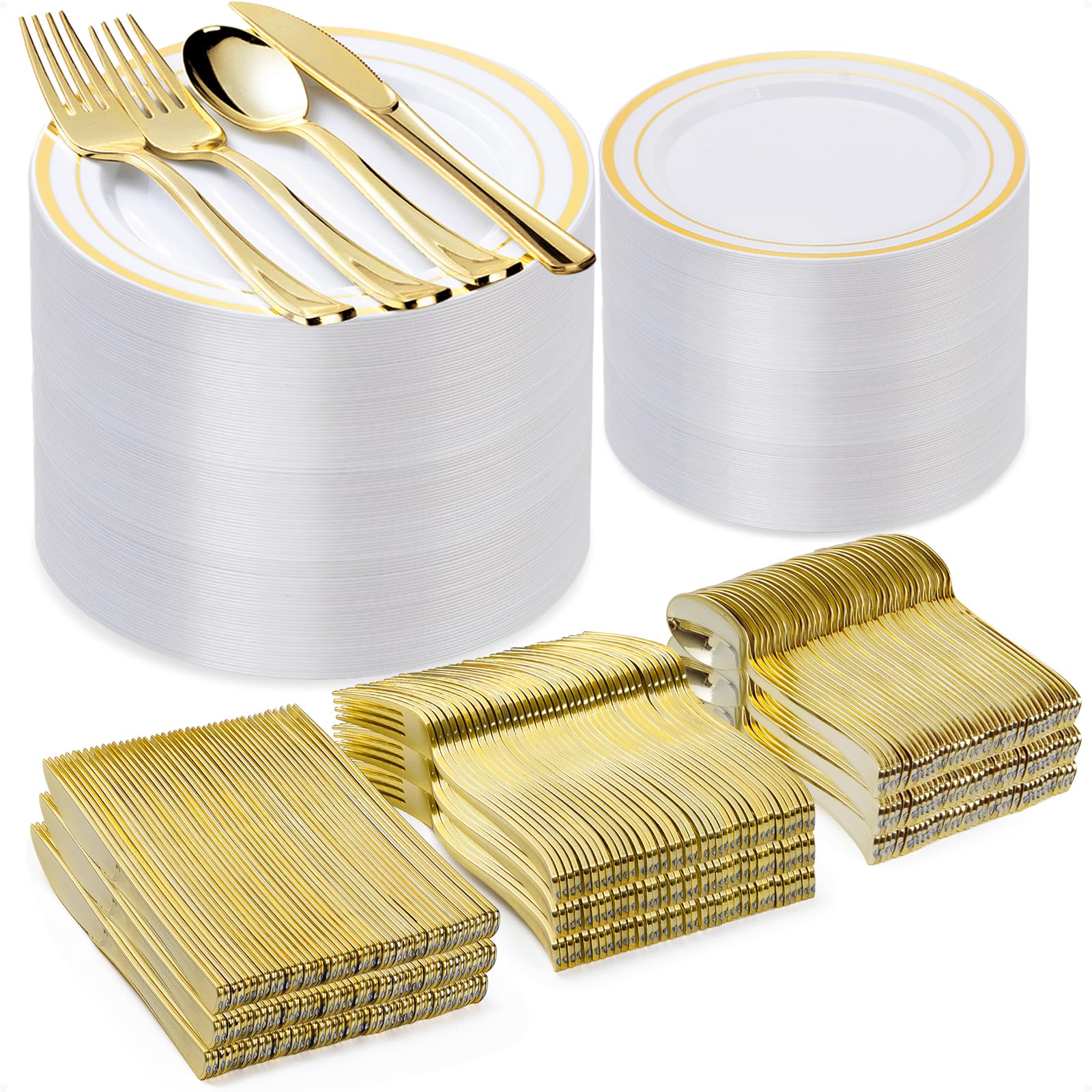 600-Piece Elegant Gold Plastic Plate Set for 100 Guests - Disposable Dinnerware for Weddings, Parties & Birthdays - Includes 200 Plates, 200 Forks, 100 Spoons & 100 Knives - Perfect for Elegant Events, Catering & Special Occasions