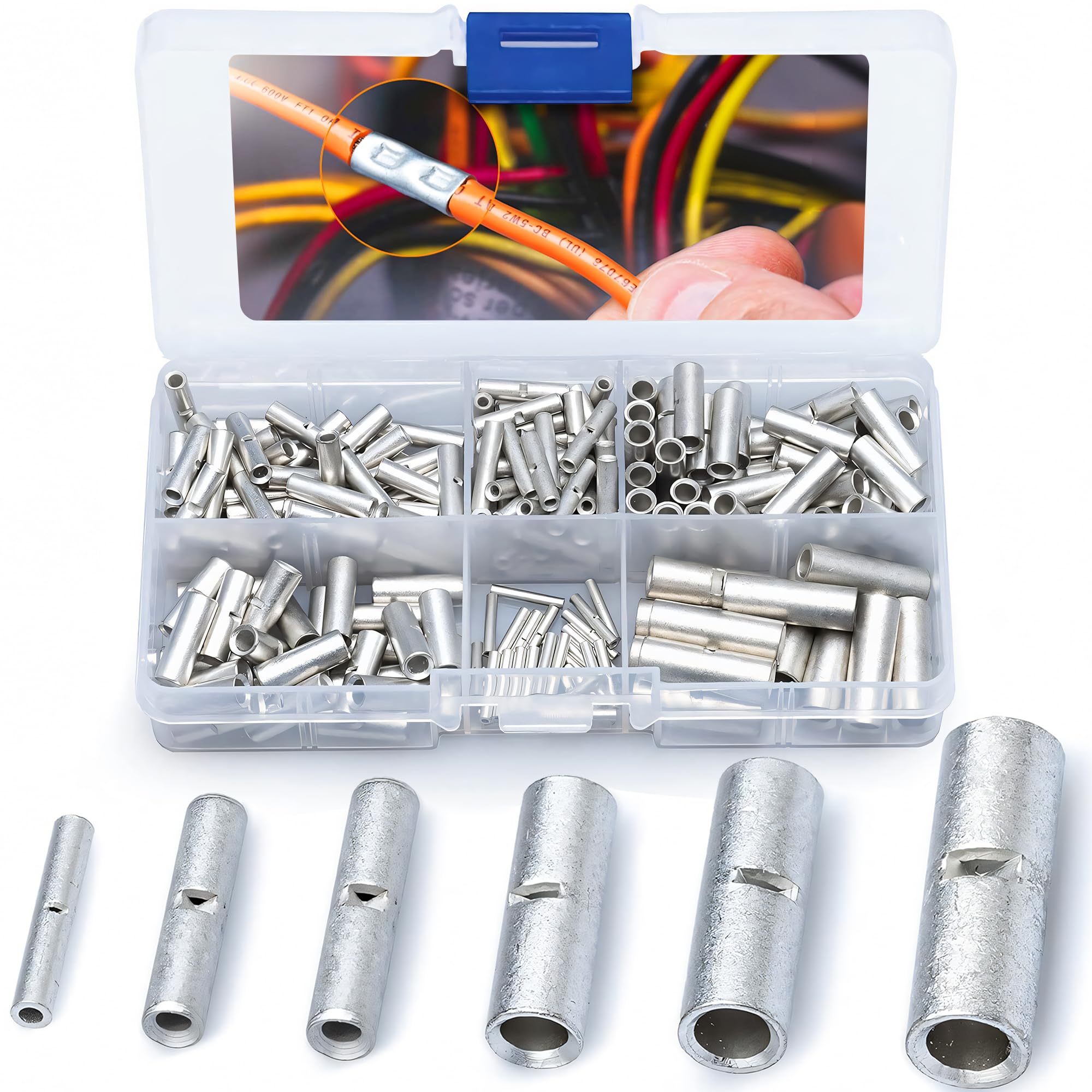 Wirefy 200 PCS Non-Insulated Butt Connectors Kit - 24-8 AWG Crimp Wire Connectors for Automotive, Marine & Electrical Wiring - High Conductivity Copper Splice Connectors for Secure Wire Joining