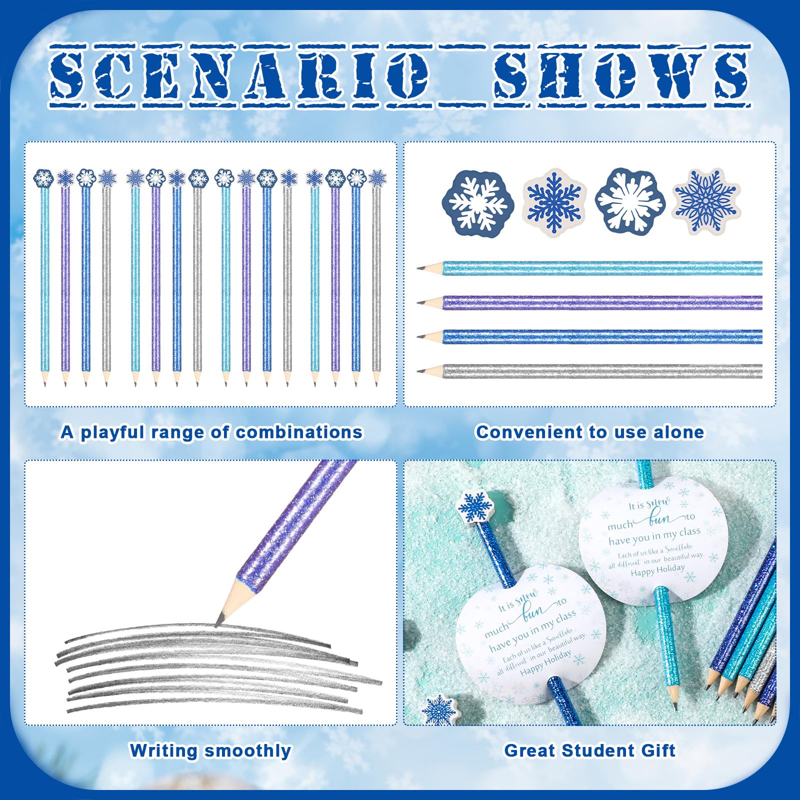 Jetec 20 Sets Christmas Glitter Pencils with Snowflake Eraser Toppers & Snowflake Cards - Fun Holiday Pencils for Students, Teachers, Classroom Party & Winter Gift Exchange - Perfect for School Rewards, Christmas Crafts & Festive Writing
