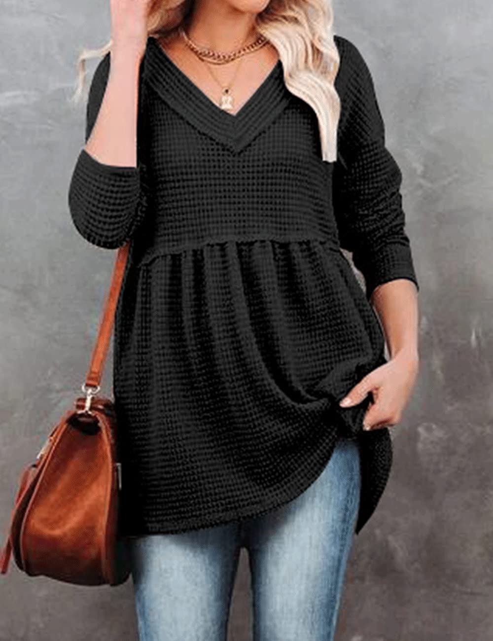 Women's V-Neck Waffle Knit Tunic Top - Long Sleeve Peplum Pullover Sweater - Casual Flowy Babydoll Swing Shirt for Work, Date Night & Everyday Wear