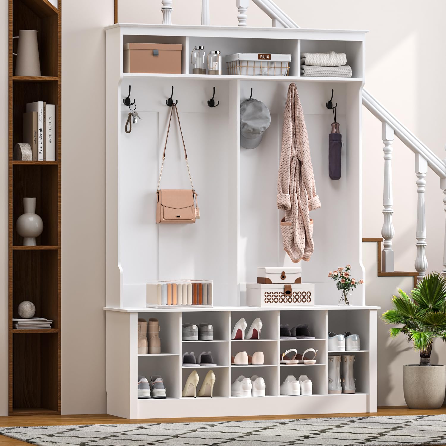 5-in-1 Hall Tree with Bench & Shoe Storage - Entryway Organizer with Coat Rack, Adjustable Shelves & Hooks - Perfect for Foyer, Hallway or Bedroom - White Entryway Furniture for Home Organization