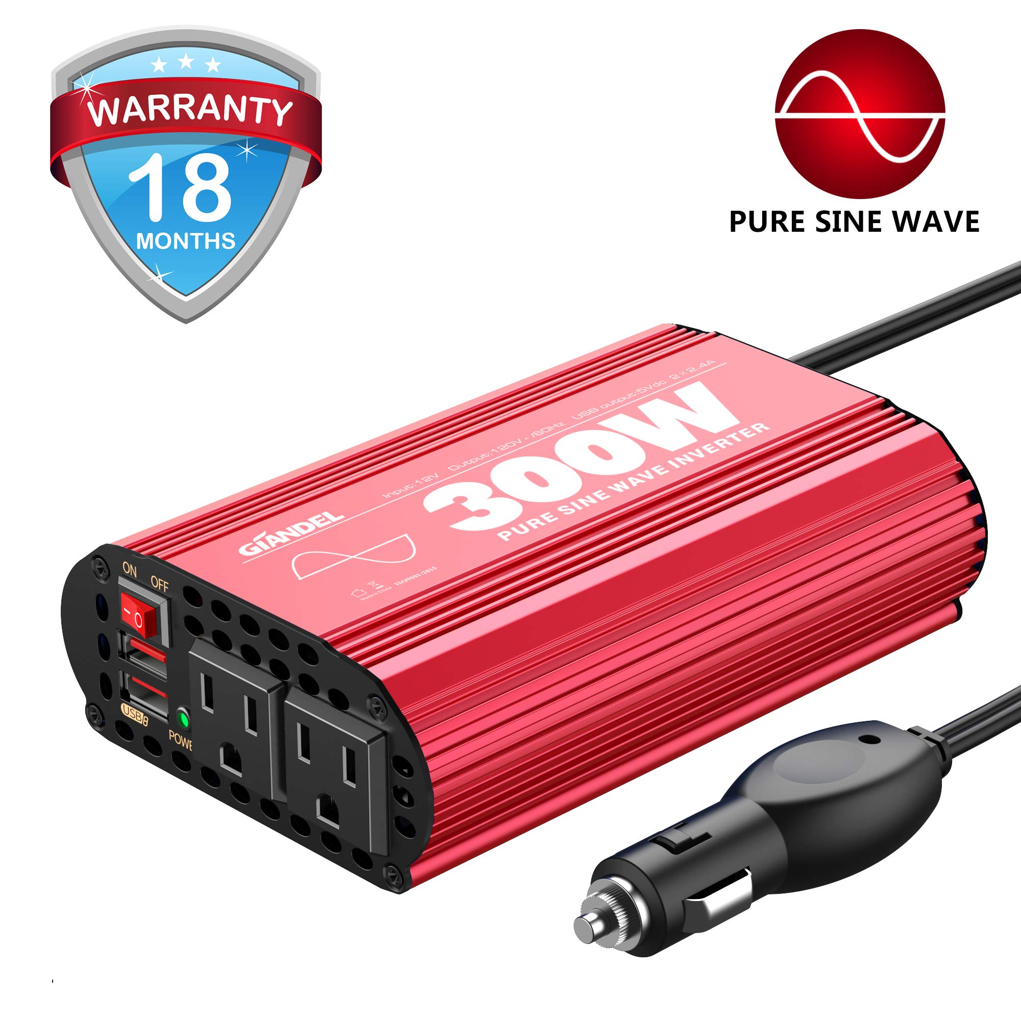 300W Pure Sine Wave Power Inverter 12V DC to 120V AC Car Converter with Dual USB Ports - Charge Laptops, Tablets, Smartphones On The Go | Perfect for Road Trips, Camping & Emergency Power Backup
