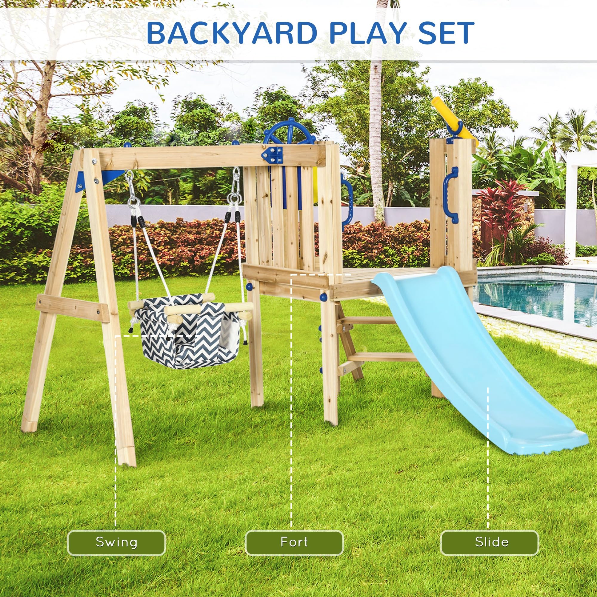 Outsunny 3-in-1 Wooden Swing Set for Toddlers - Outdoor Playset with Baby Swing Seat, Slide, Captain's Wheel & Telescope | Backyard Playground Equipment for Kids Ages 1.5-4 | Perfect for Garden, Park & Outdoor Family Fun