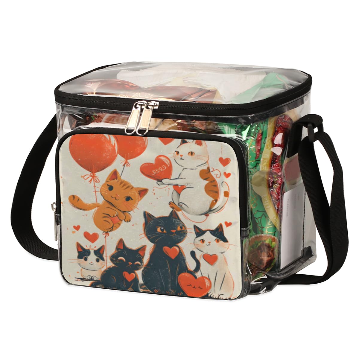 GzLeyigou Valentine's Day Cat Clear Tote Bag with Handles - Transparent Crossbody Shoulder Bag for Lunch, Outdoor, Travel, Picnic, Concerts & Sports Events - Stadium Approved Multi-Purpose Cat-Themed Purse | Perfect for Date Nights, School, Shopping & Festival Accessories