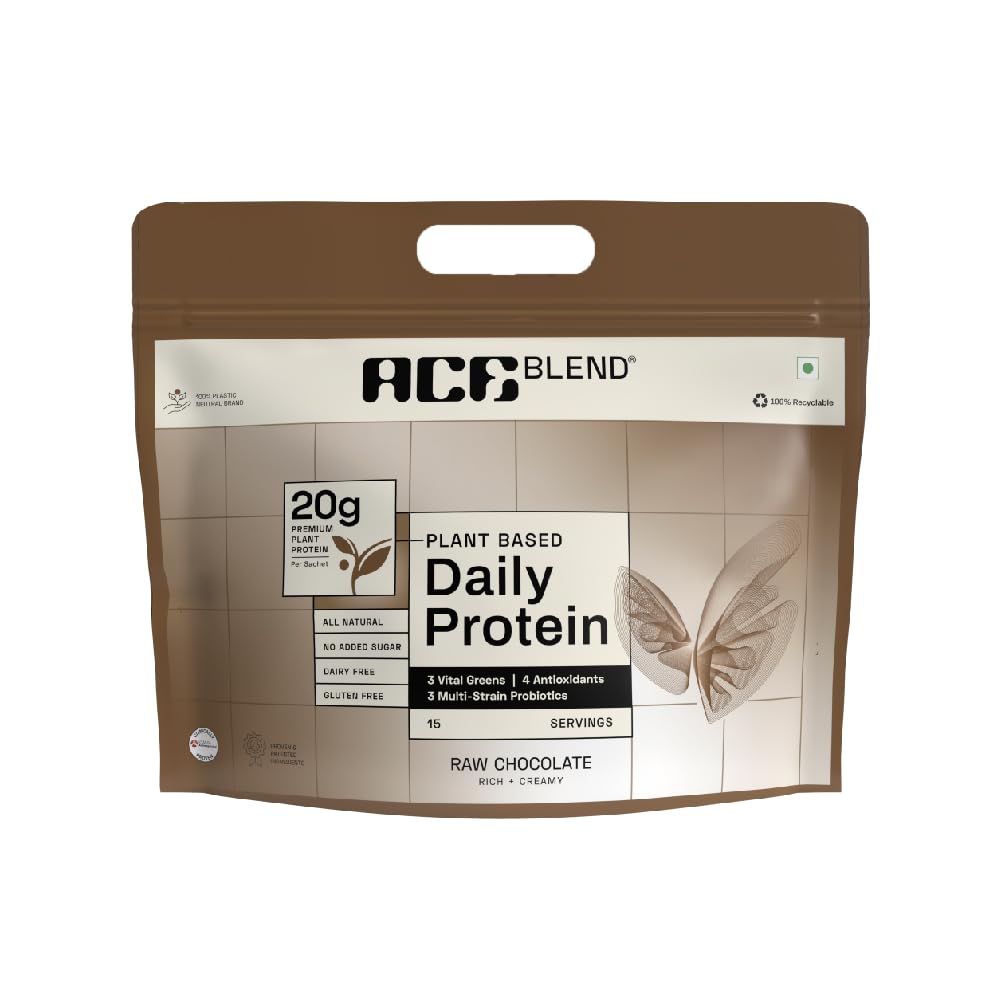 Ace Blend 20g Premium Plant-Based Protein Powder with Superfoods (15 Servings) | Raw Chocolate Flavor | Daily Protein Supplement | 4 Vital Greens & 4 Antioxidants | 3 Probiotics for Gut Health | Vegan & All Ages | Perfect for Smoothies, Post-Workout Recovery & Healthy Breakfast