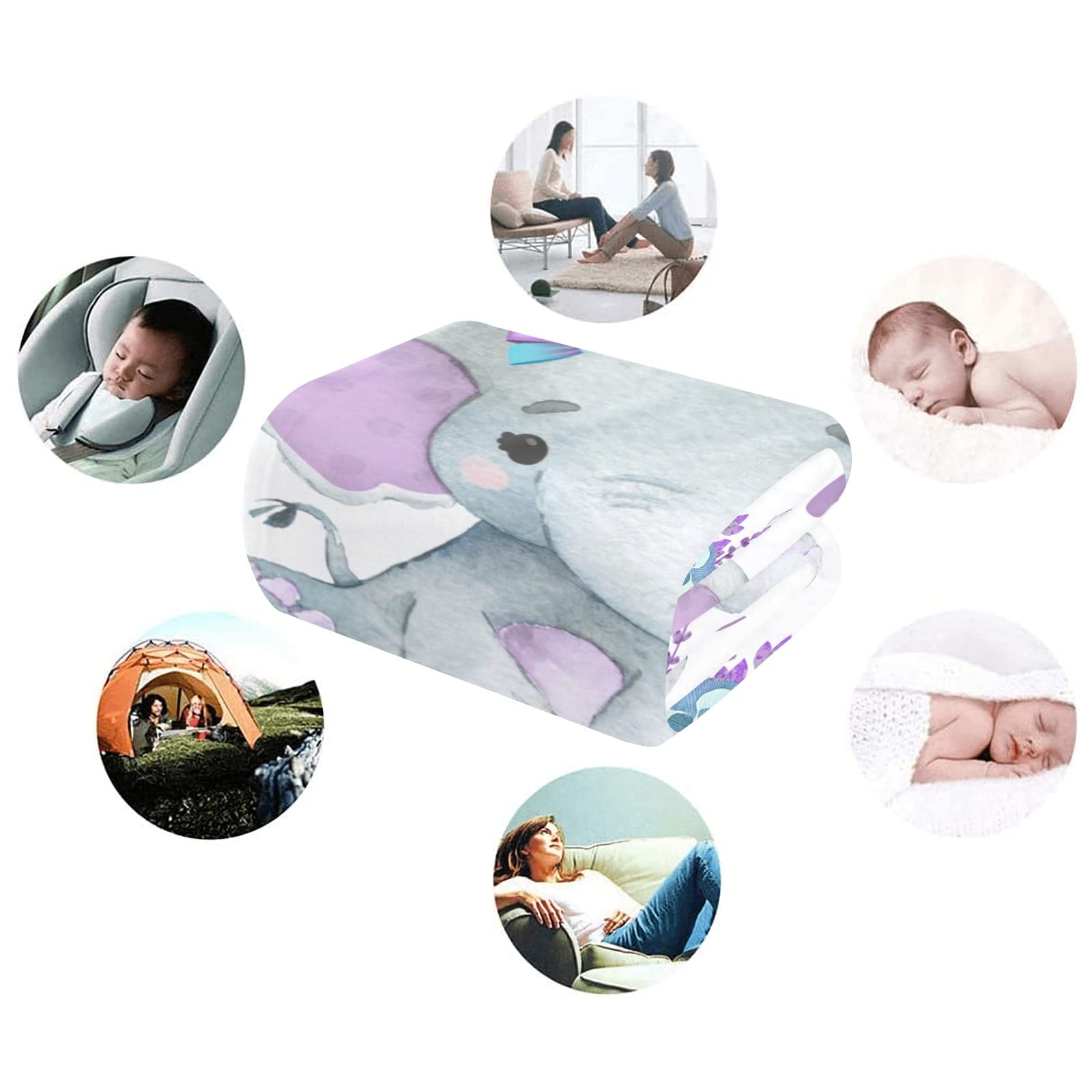Personalized Baby Blankets for Girls with Name - Custom Embroidered Soft Flannel Receiving Blanket for Newborns (60x80 inches) - Perfect for Nursery, Christening Gifts & Photo Shoots - Purple Elephant Design